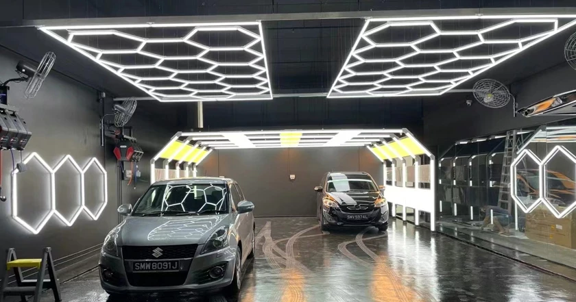 80W Hexagon Garage Light Honeycomb LED Ceiling Lighting System for Car Detailing Workshop