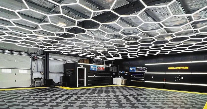 395W Hexagon Garage Light Honeycomb LED Ceiling Lighting System for Car Detailing Workshop
