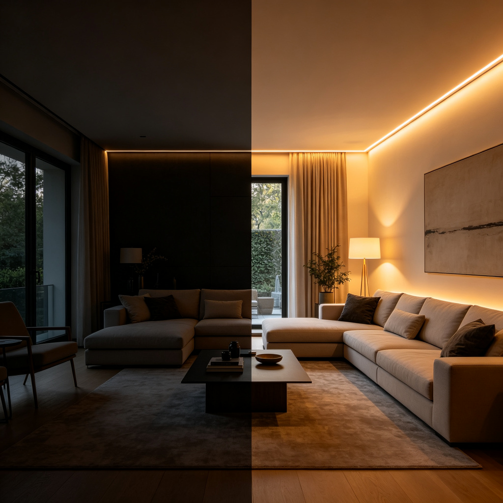 LED strip lighting before and after transformation comparison