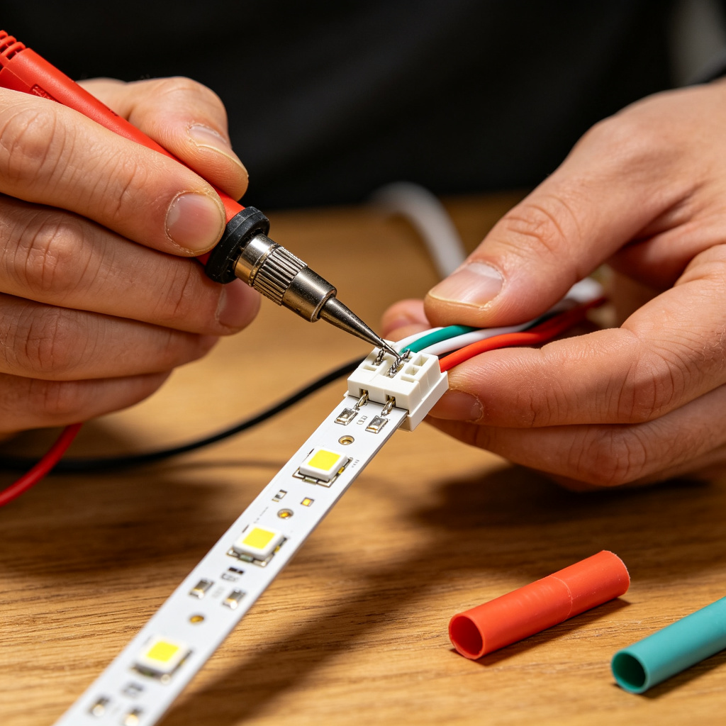 Soldering LED strip connections with heat shrink tubing