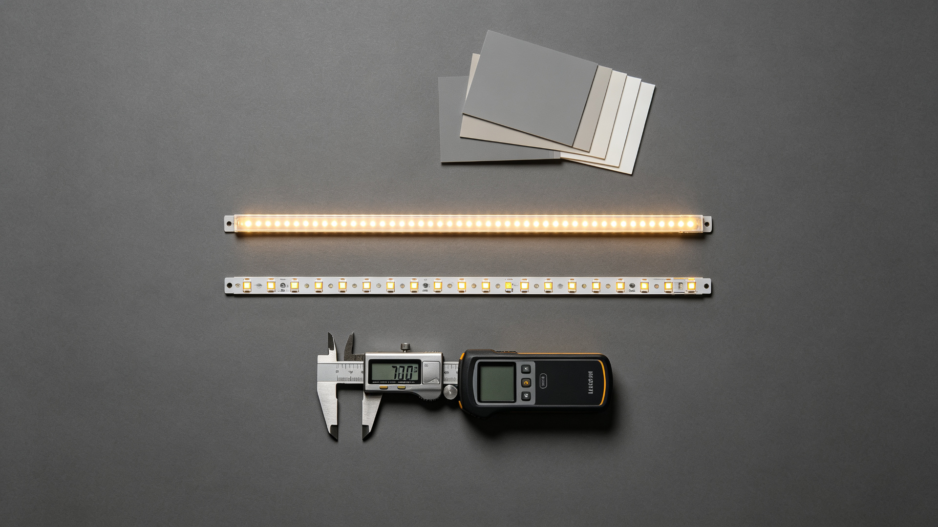 COB and SMD LED strip samples with caliper and lux meter on a studio bench for specification comparison