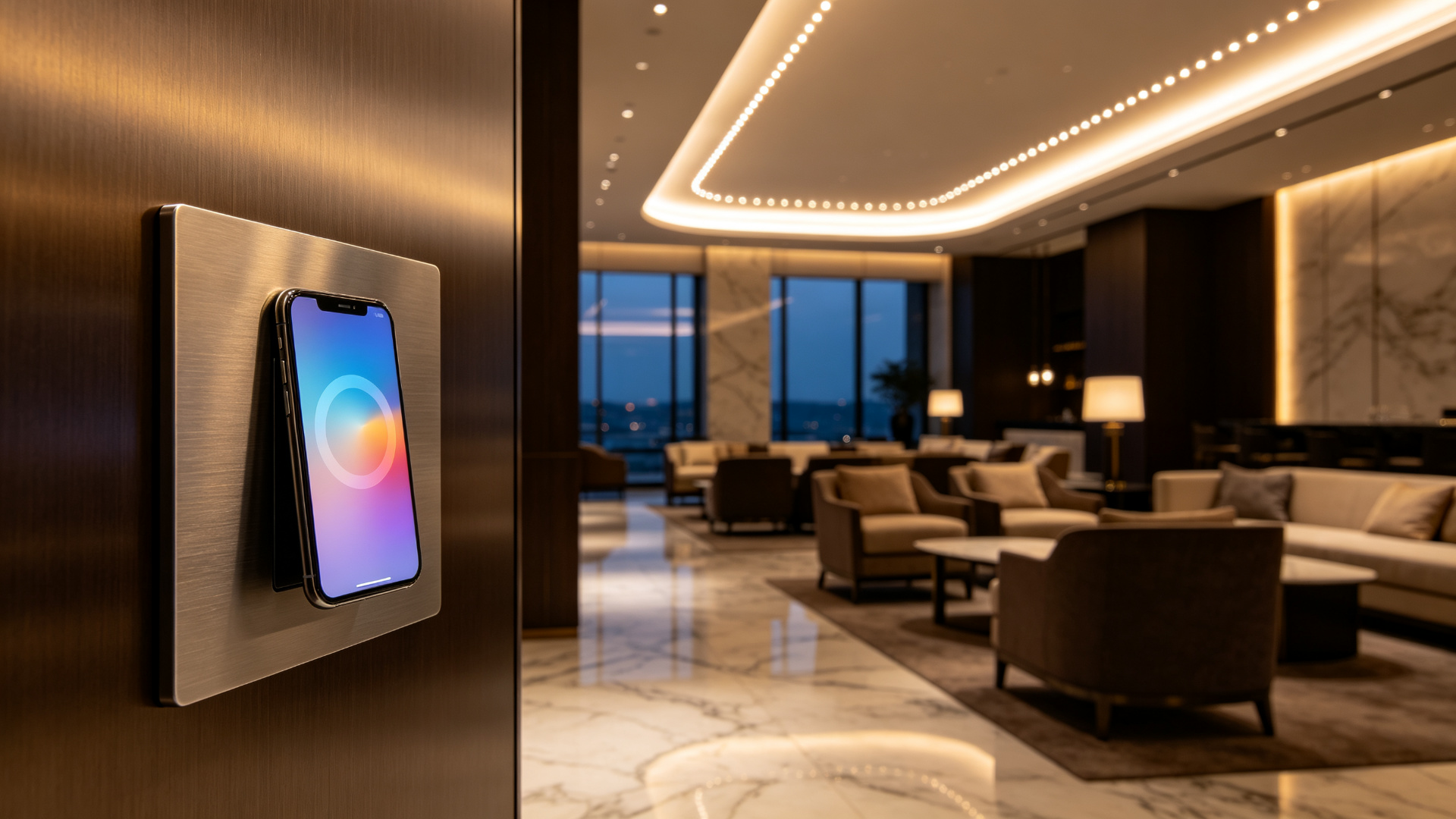 Luxury hotel lobby cove with continuous warm COB LED strip and wall dimmer plus smartphone color temperature control