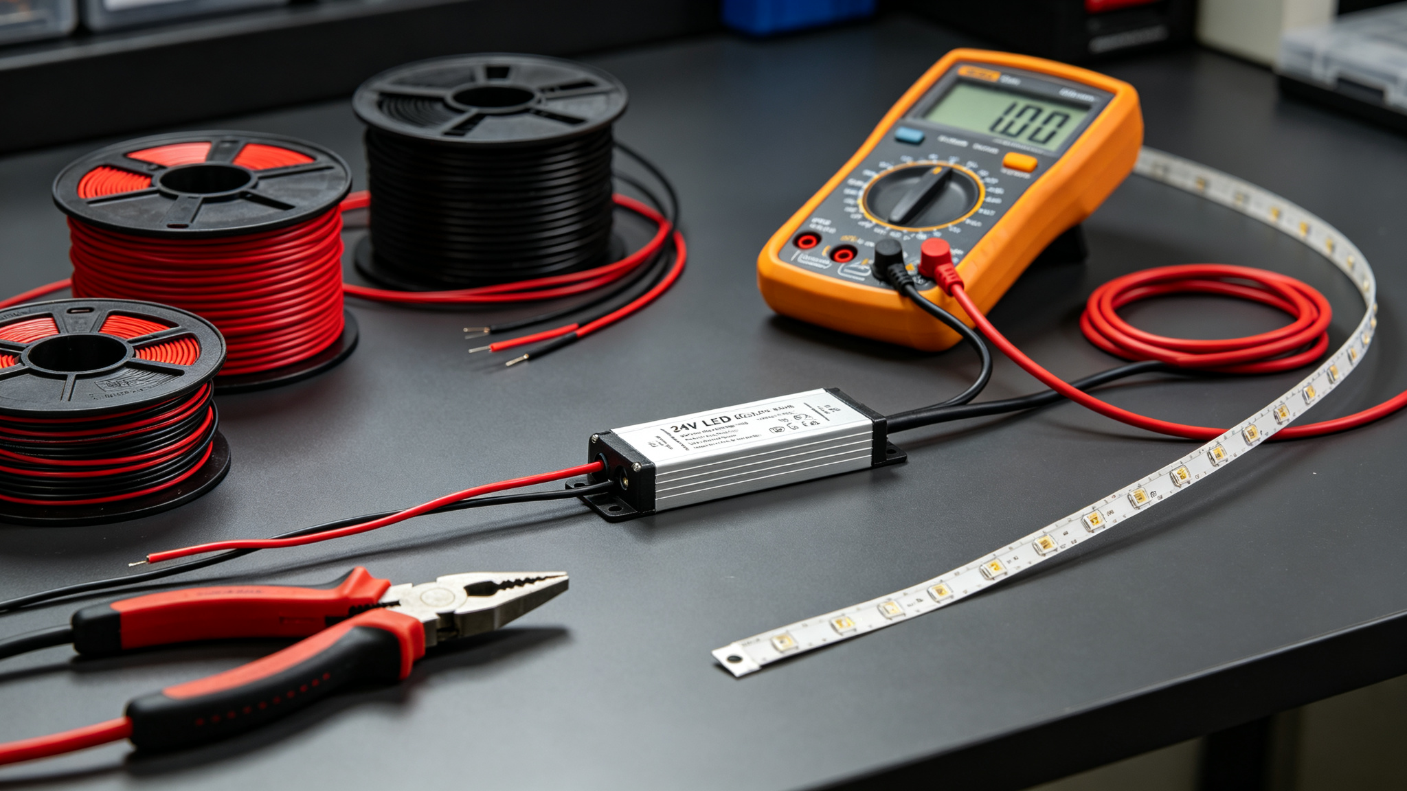 Spools of red and black LED strip wire in different AWG gauges with multimeter and driver on a workbench