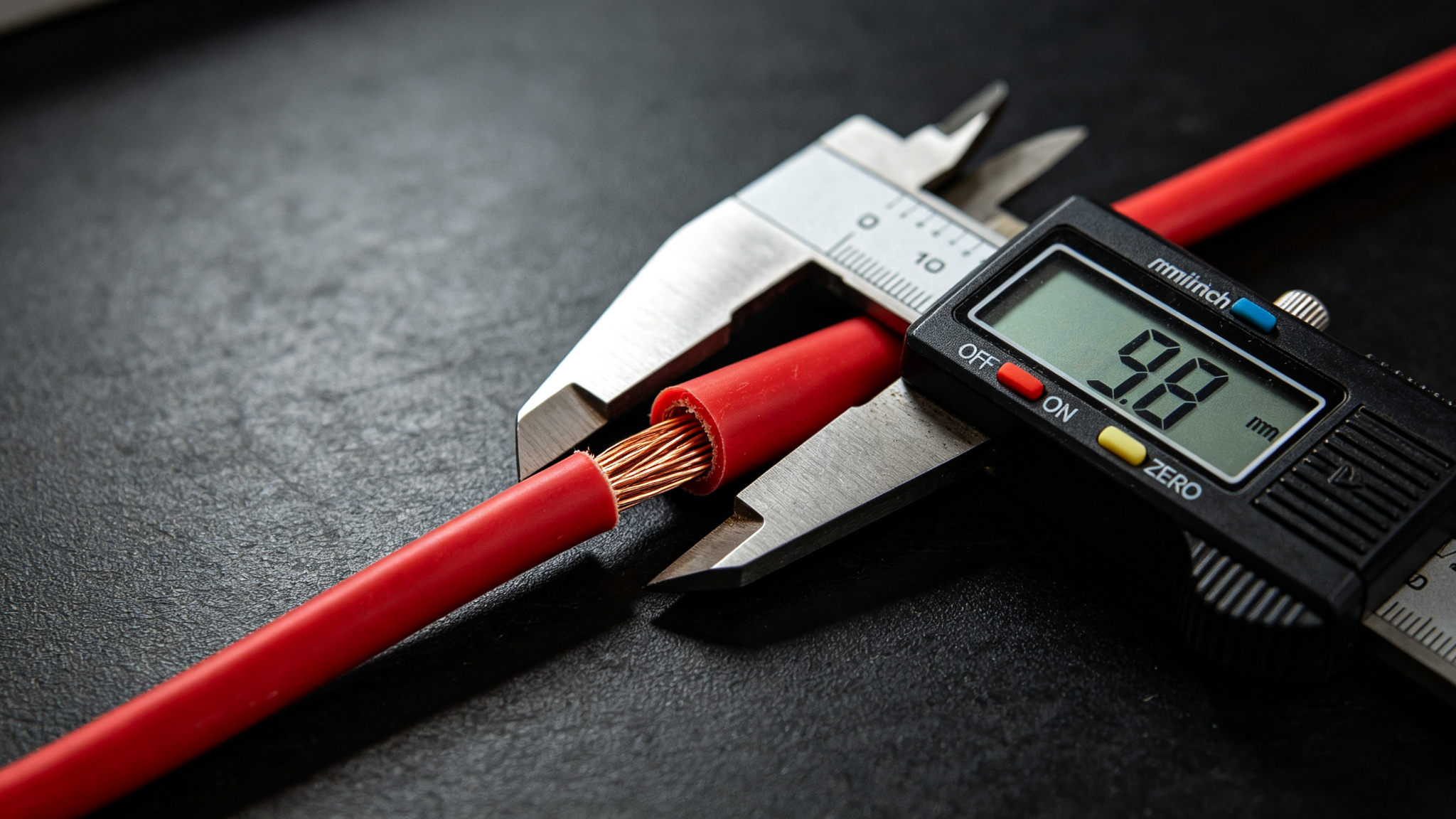 Digital caliper measuring the diameter of a red silicone LED strip wire