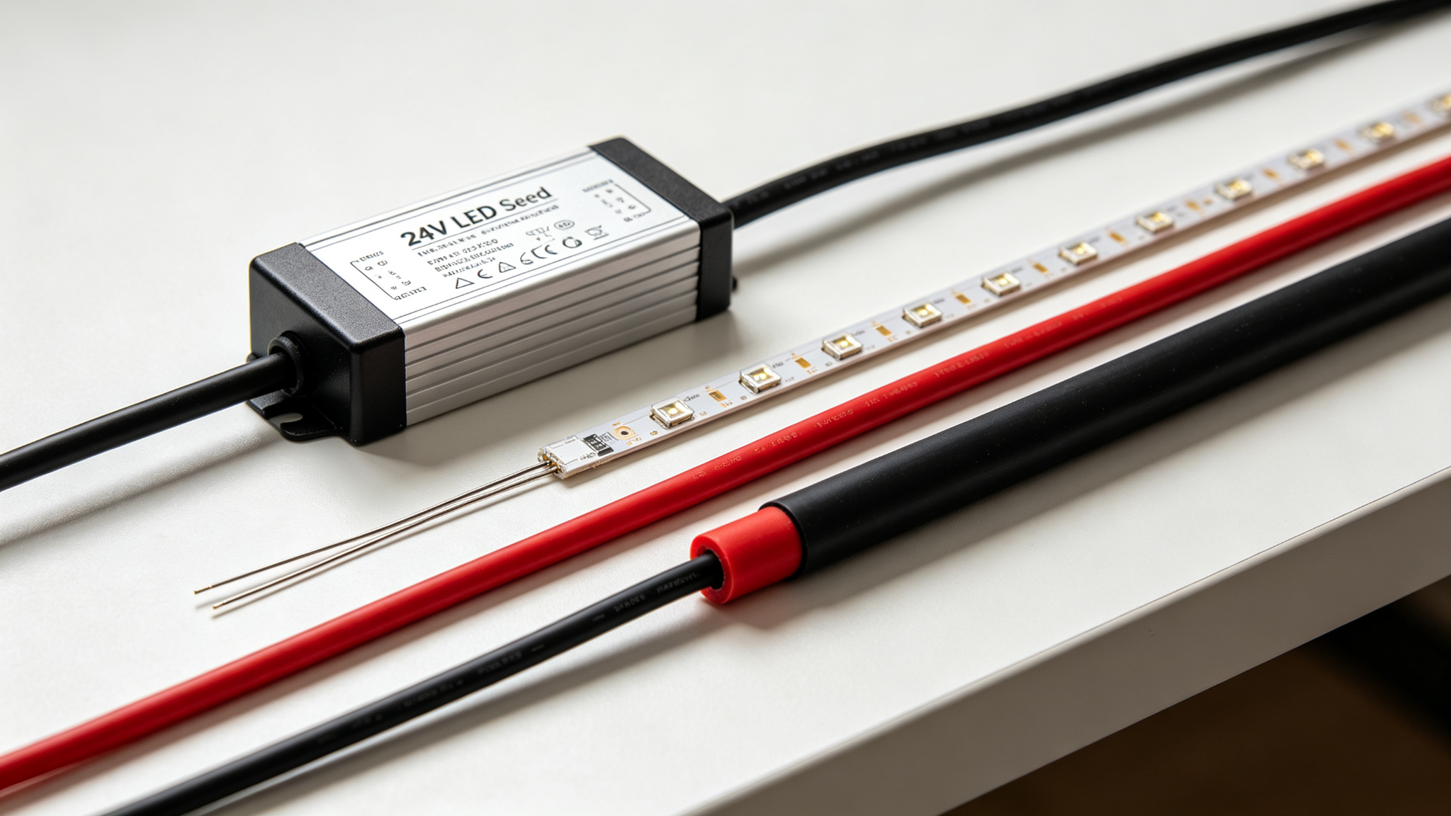 Thin 22AWG and thick 14AWG LED strip feed cable side by side with a 24V driver