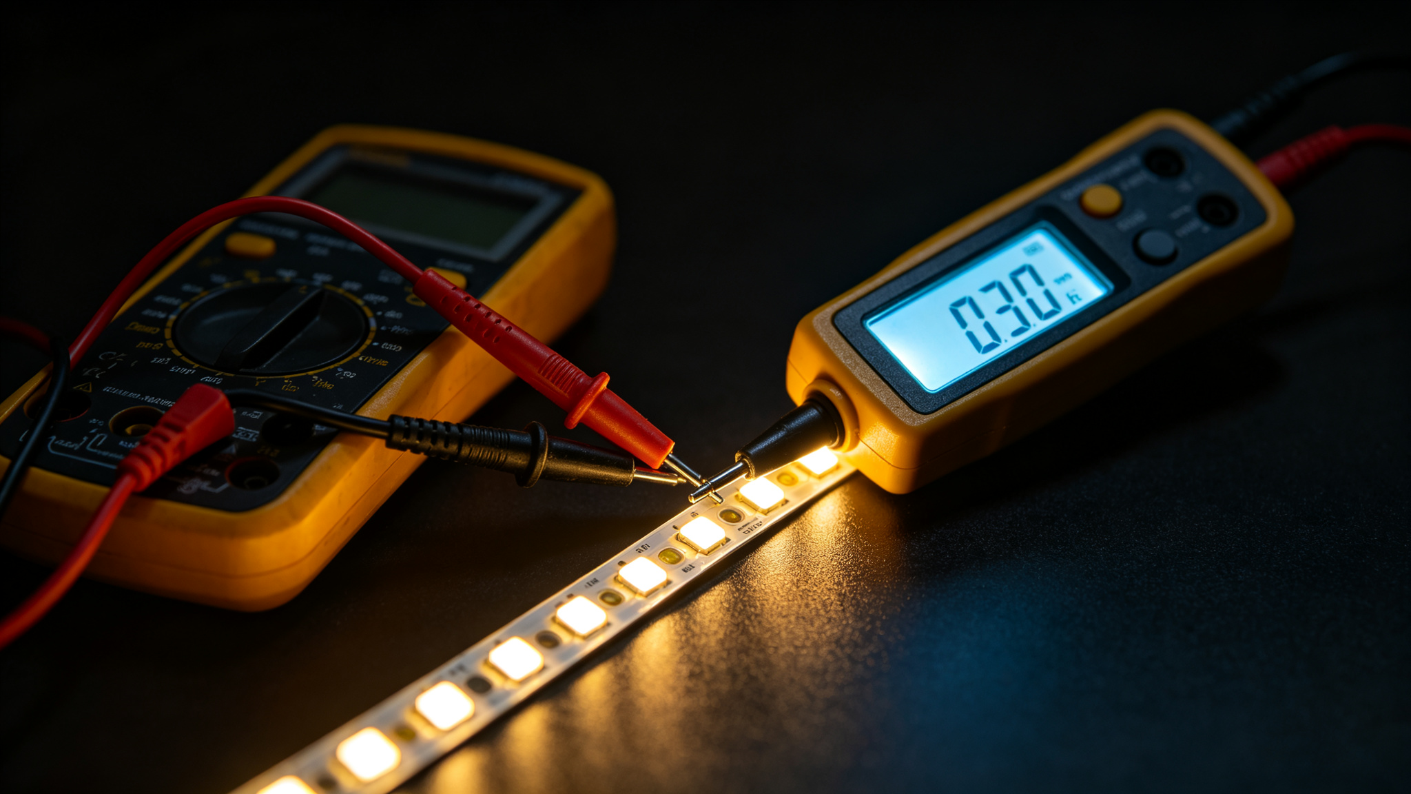 Digital multimeter measuring voltage at the far end of a lit LED strip run