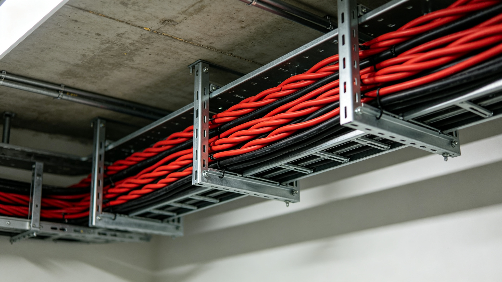 Red and black twisted pair cable running along a metal cable tray in a ceiling void