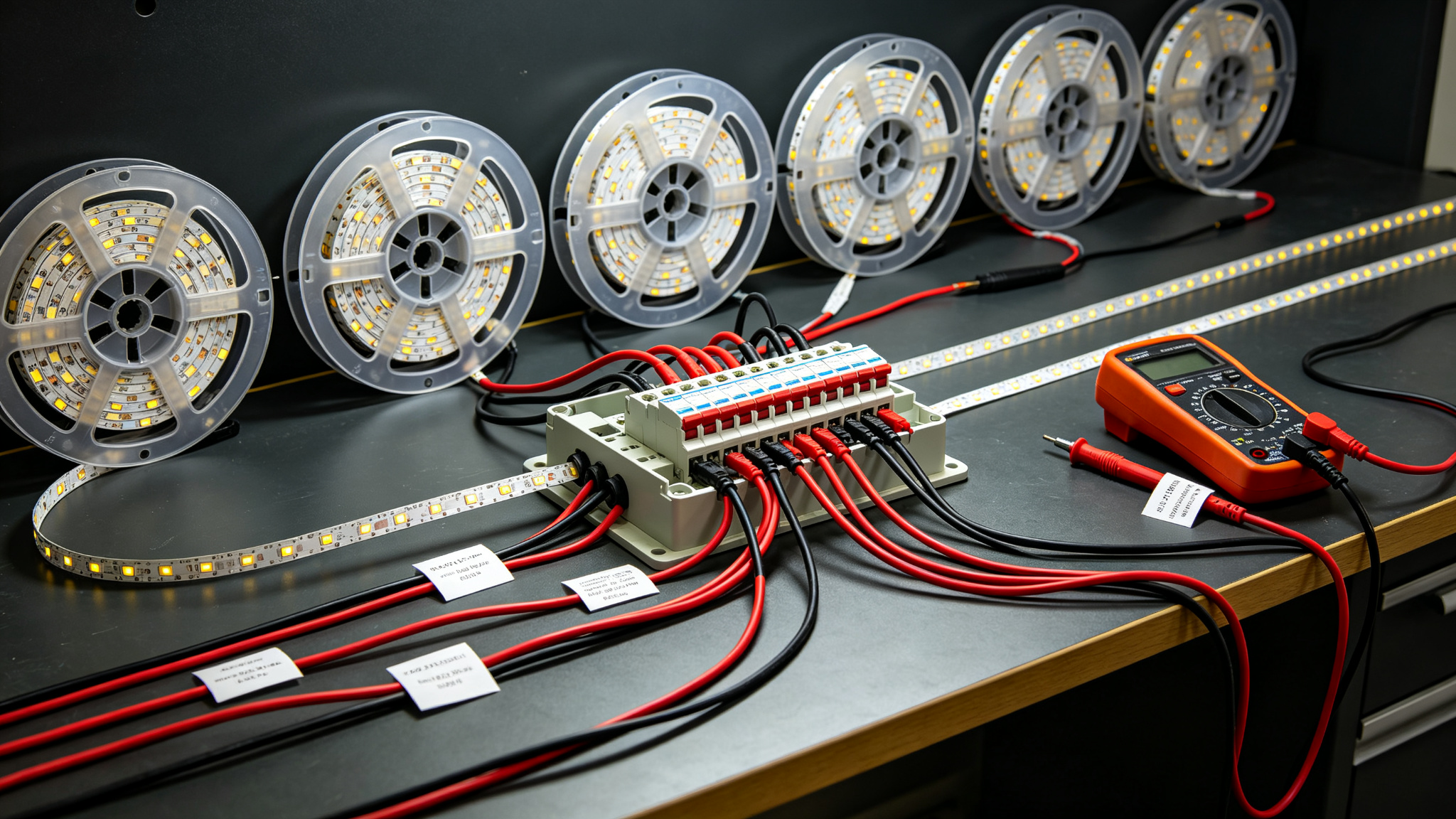 Row of LED strip reels connected to a junction box showing parallel home-run wiring