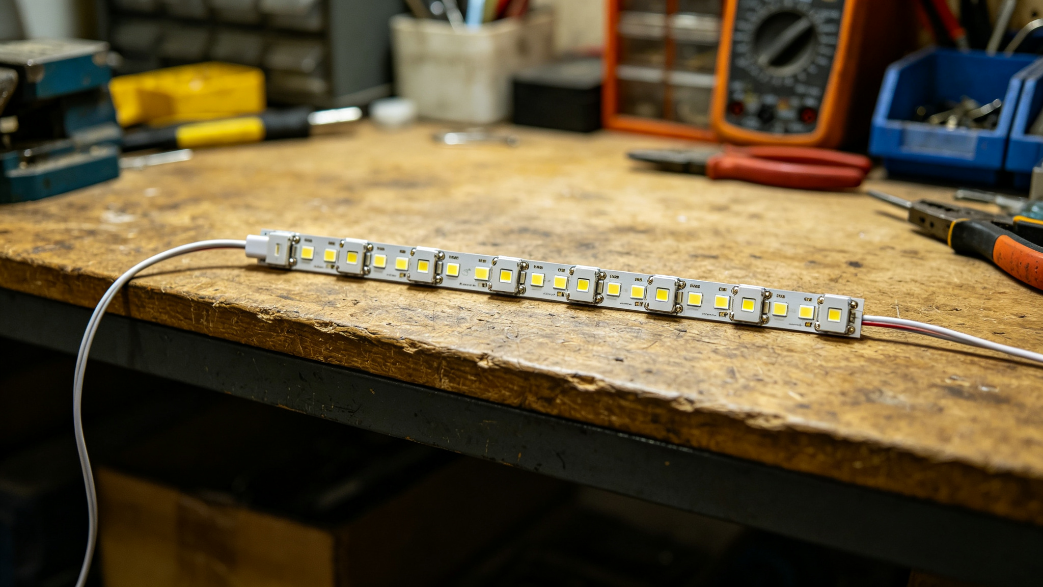A daisy chain series of LED strip segments linked end to end with a single feed