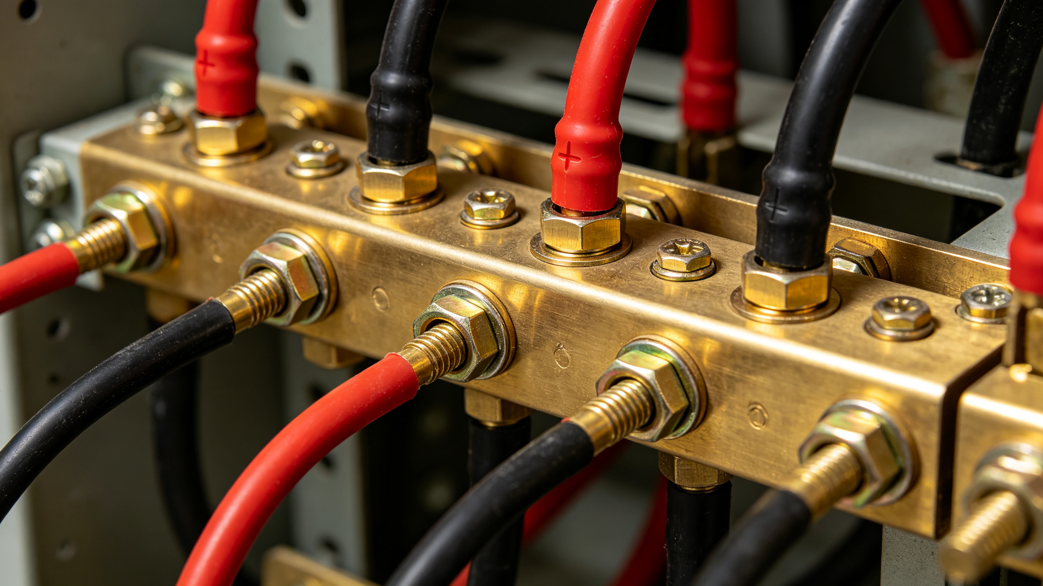 A brass distribution bus bar with multiple positive and negative wires bolted in parallel