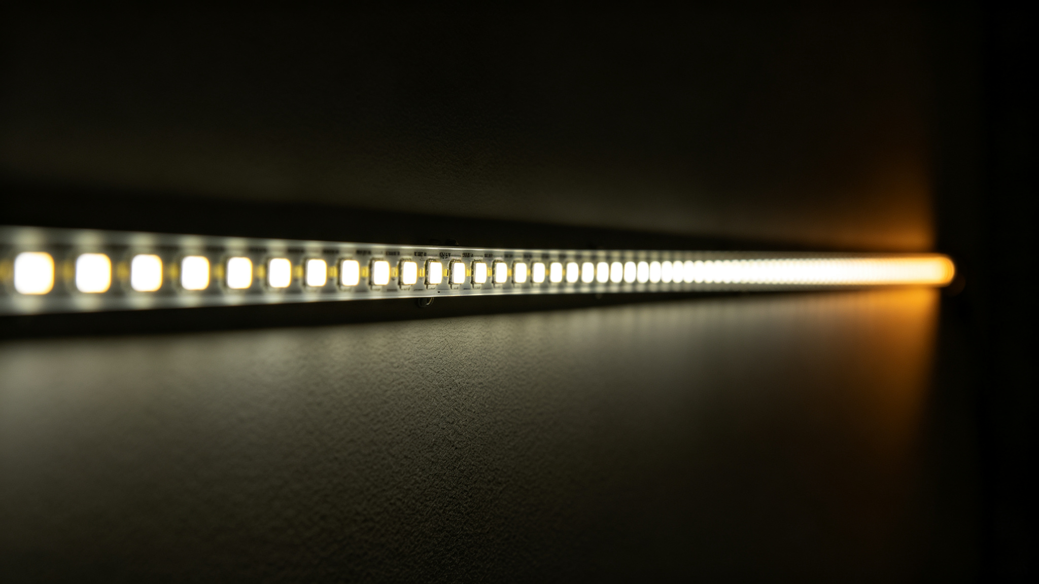 A long LED strip where the far end is dimmer and warmer due to voltage drop