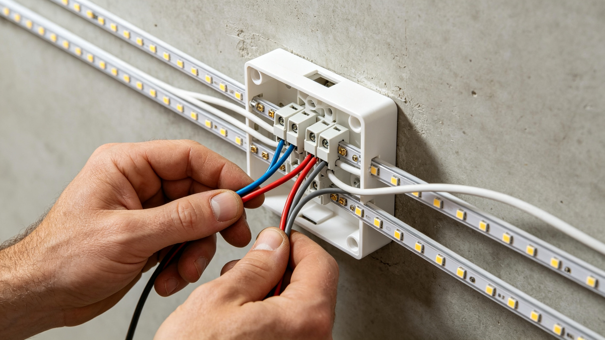 Electrician hands wiring a junction box splitting power into parallel branches
