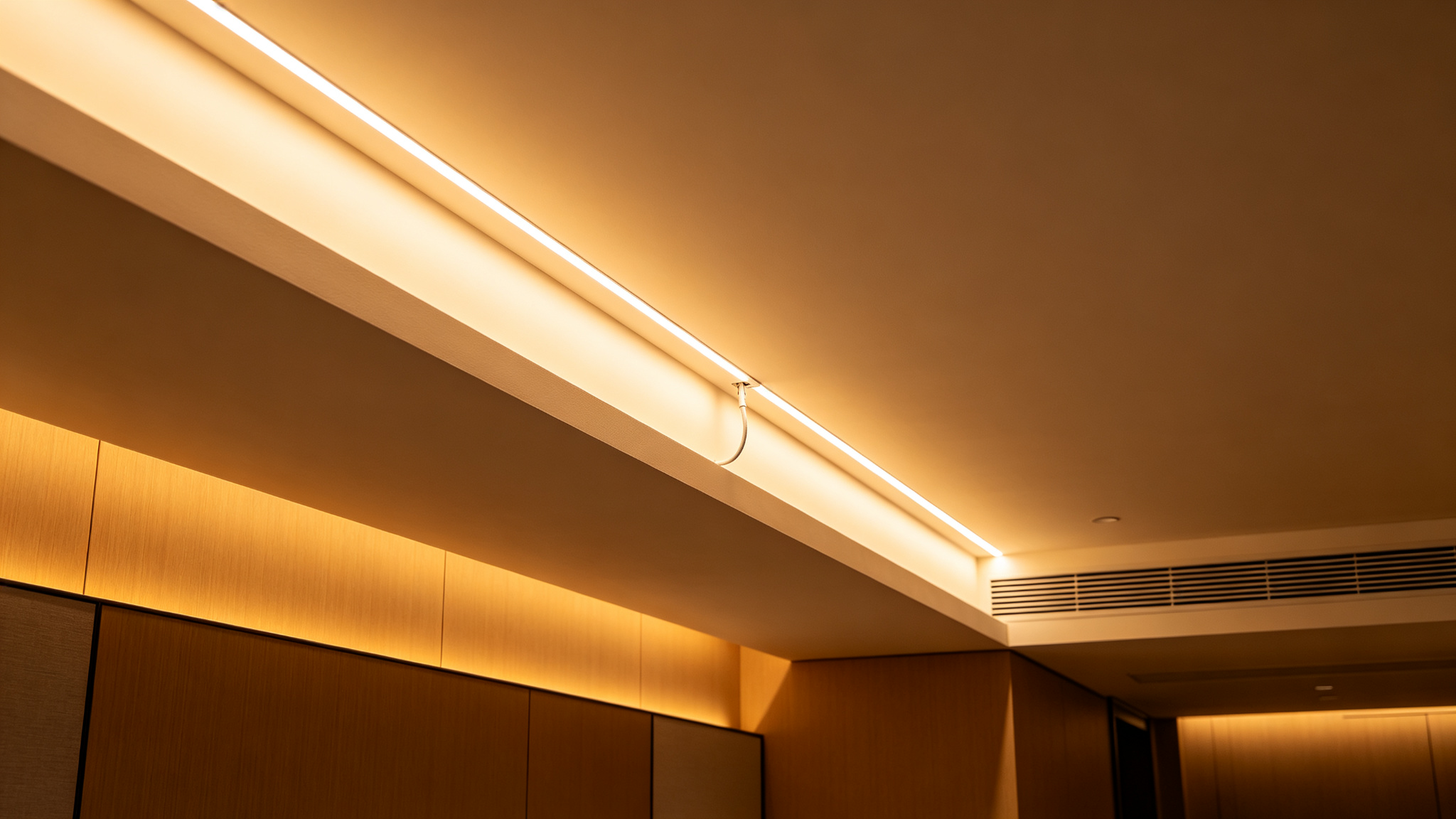 Hotel cove with continuous warm white LED strip and a discreet power injection wire tapping the middle