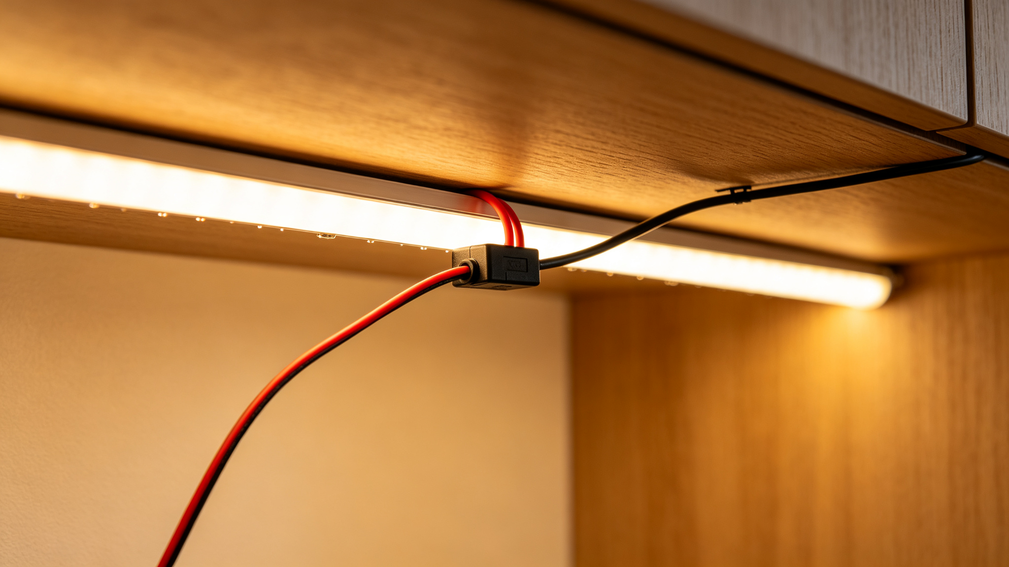 A red and black power injection cable tapping into the middle of a warm LED strip run