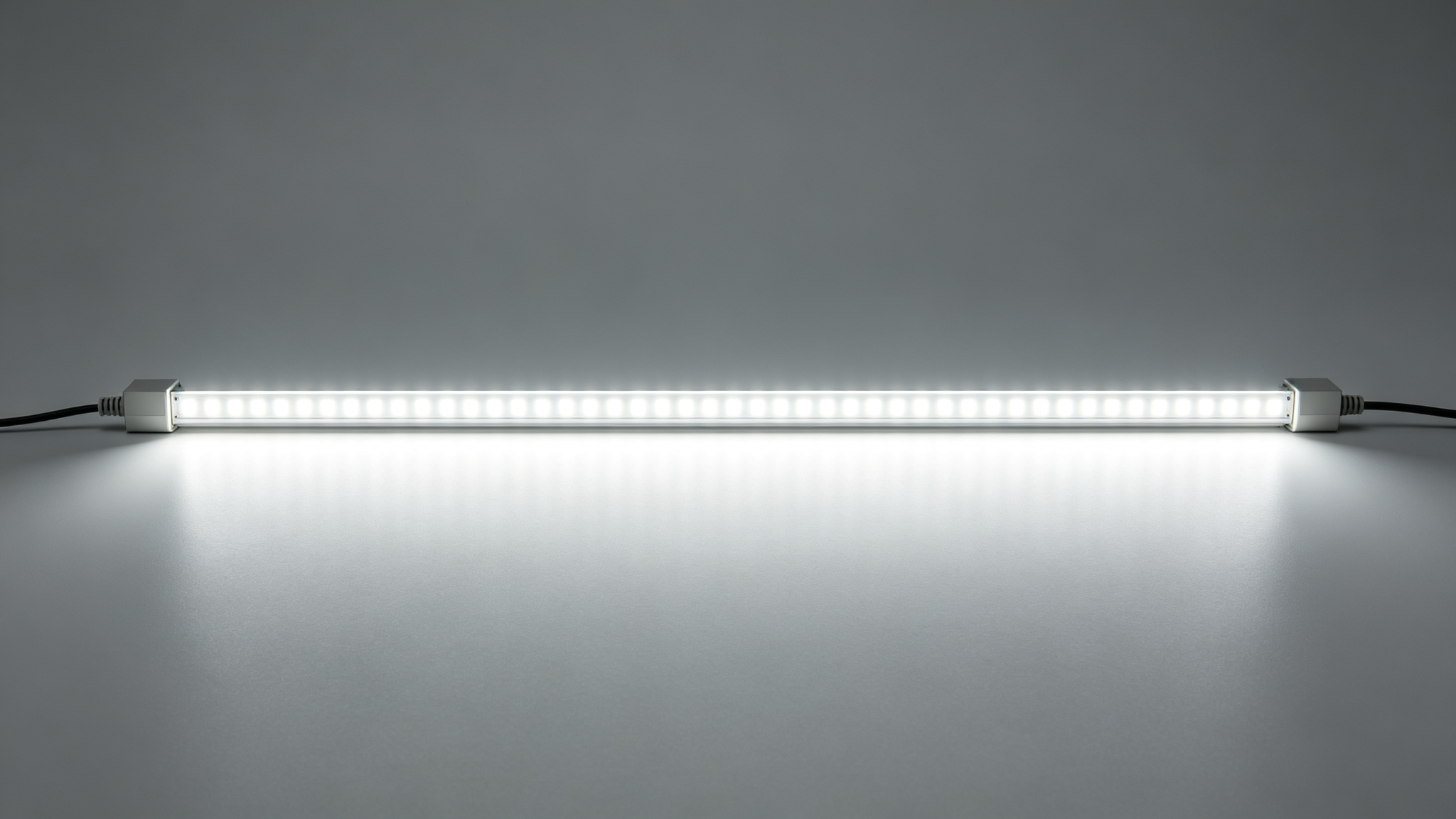 A long LED strip fed by injection cables from both ends with junction boxes