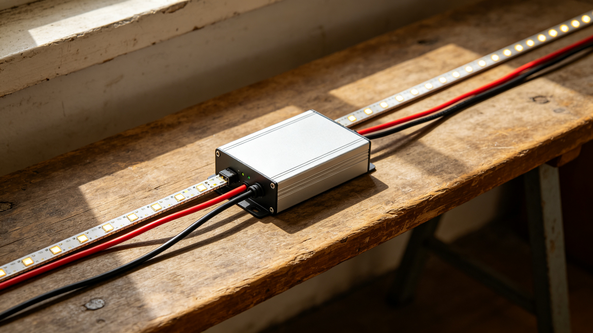 A power repeater amplifier unit connected between two runs of LED strip