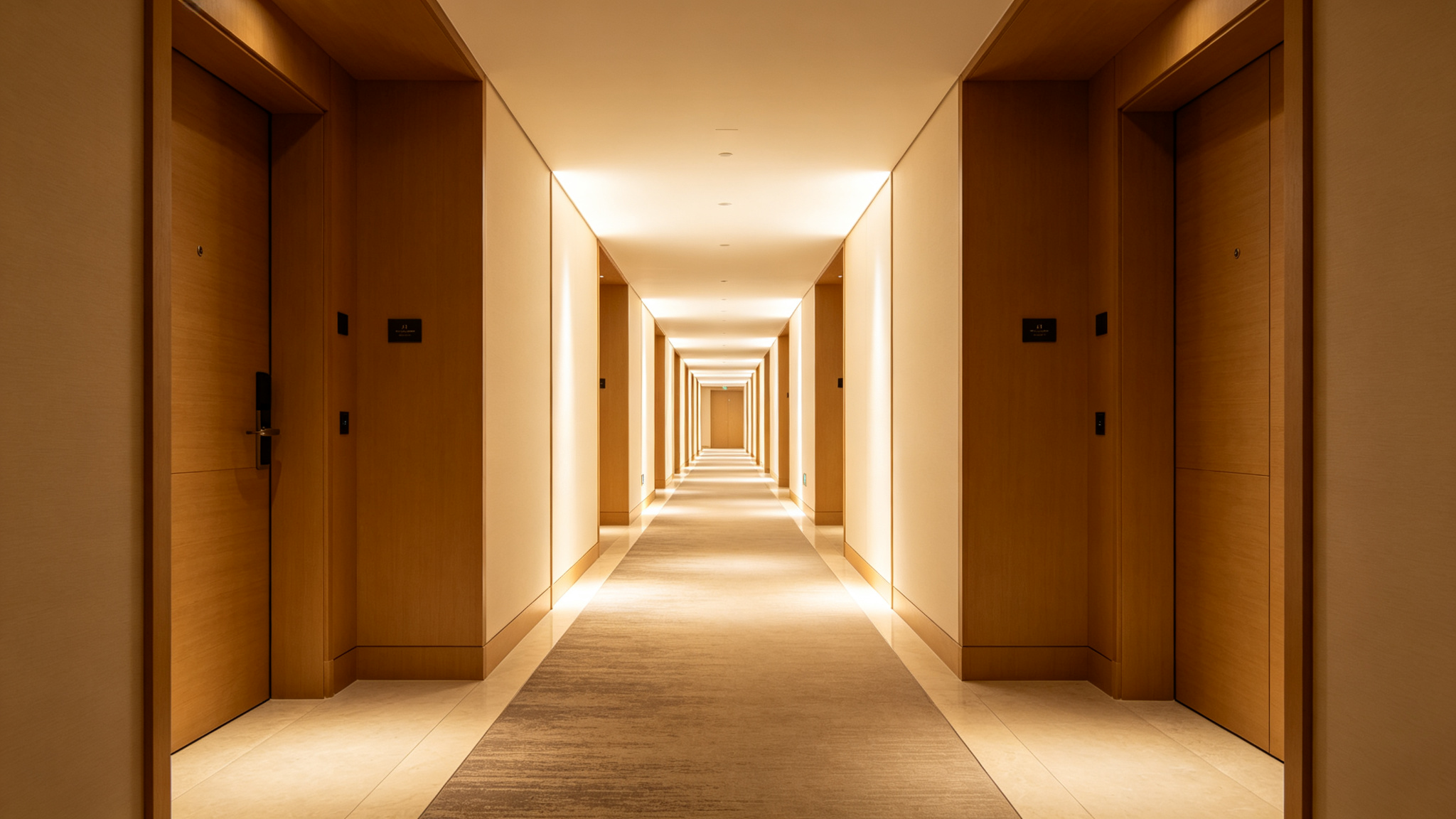 A long hotel corridor cove with perfectly uniform warm brightness from end to end