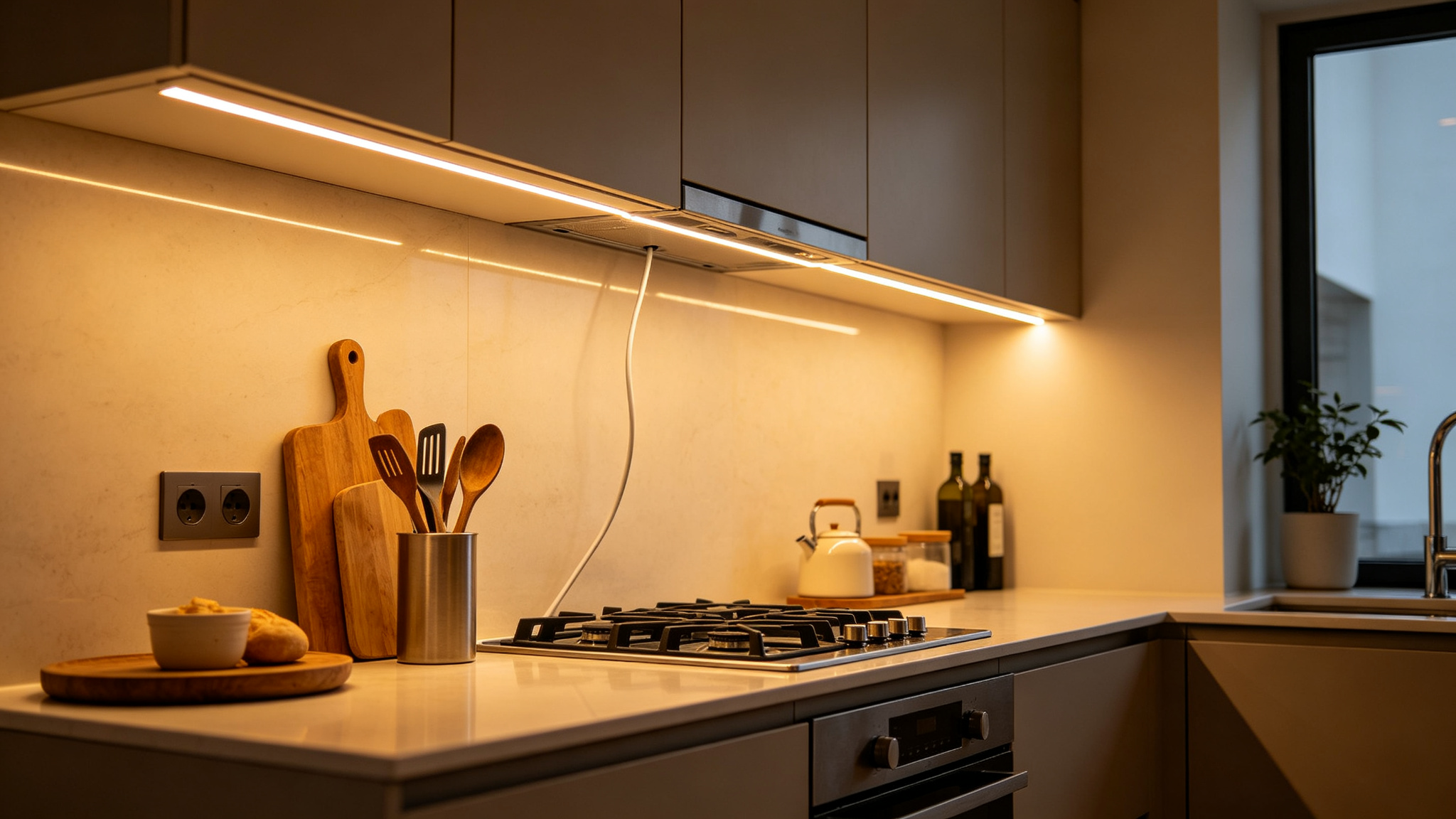 Under-cabinet LED strip in a modern kitchen with a hidden injection cable