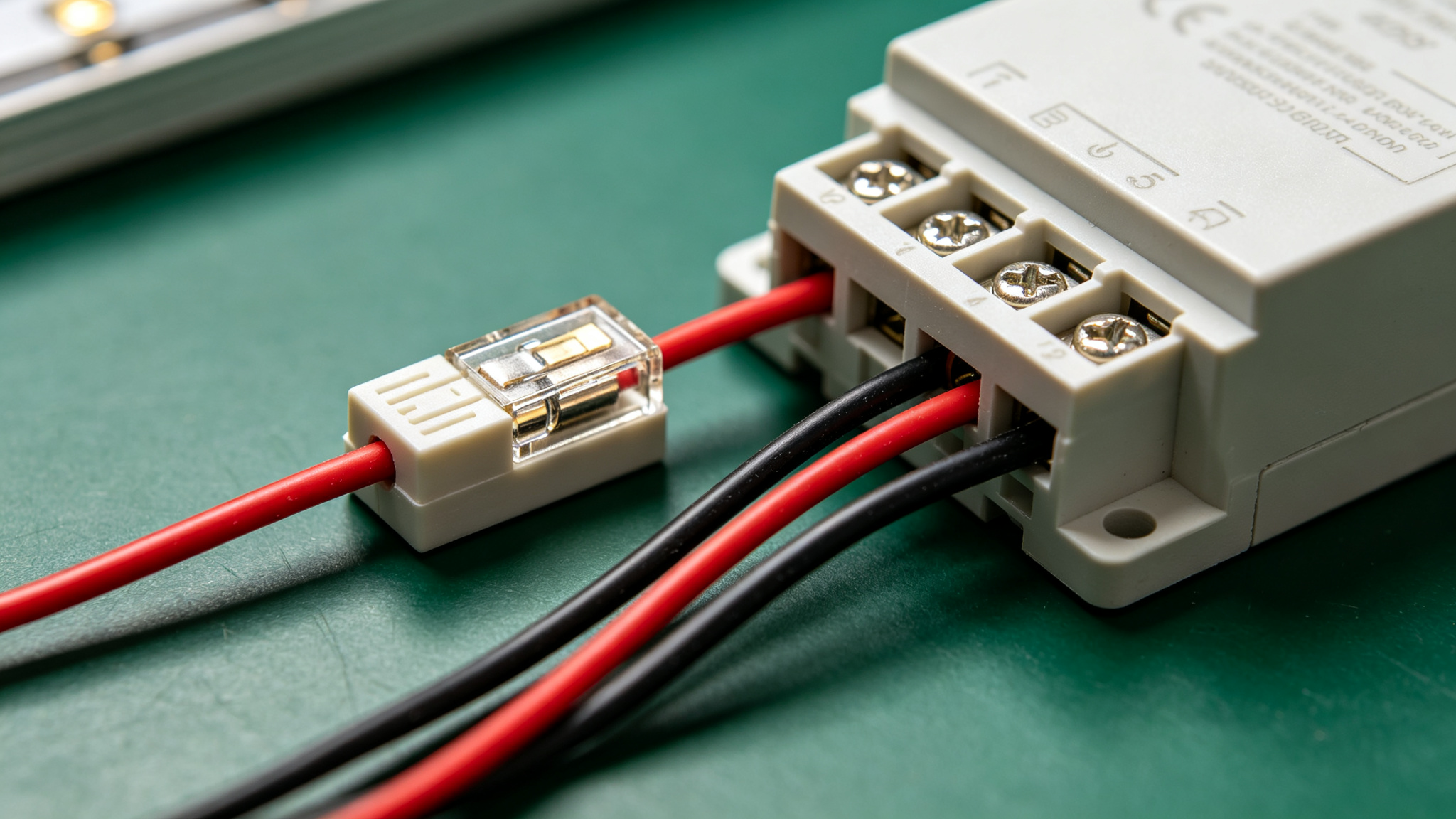 Inline blade fuse holder and distribution block feeding LED strip wires