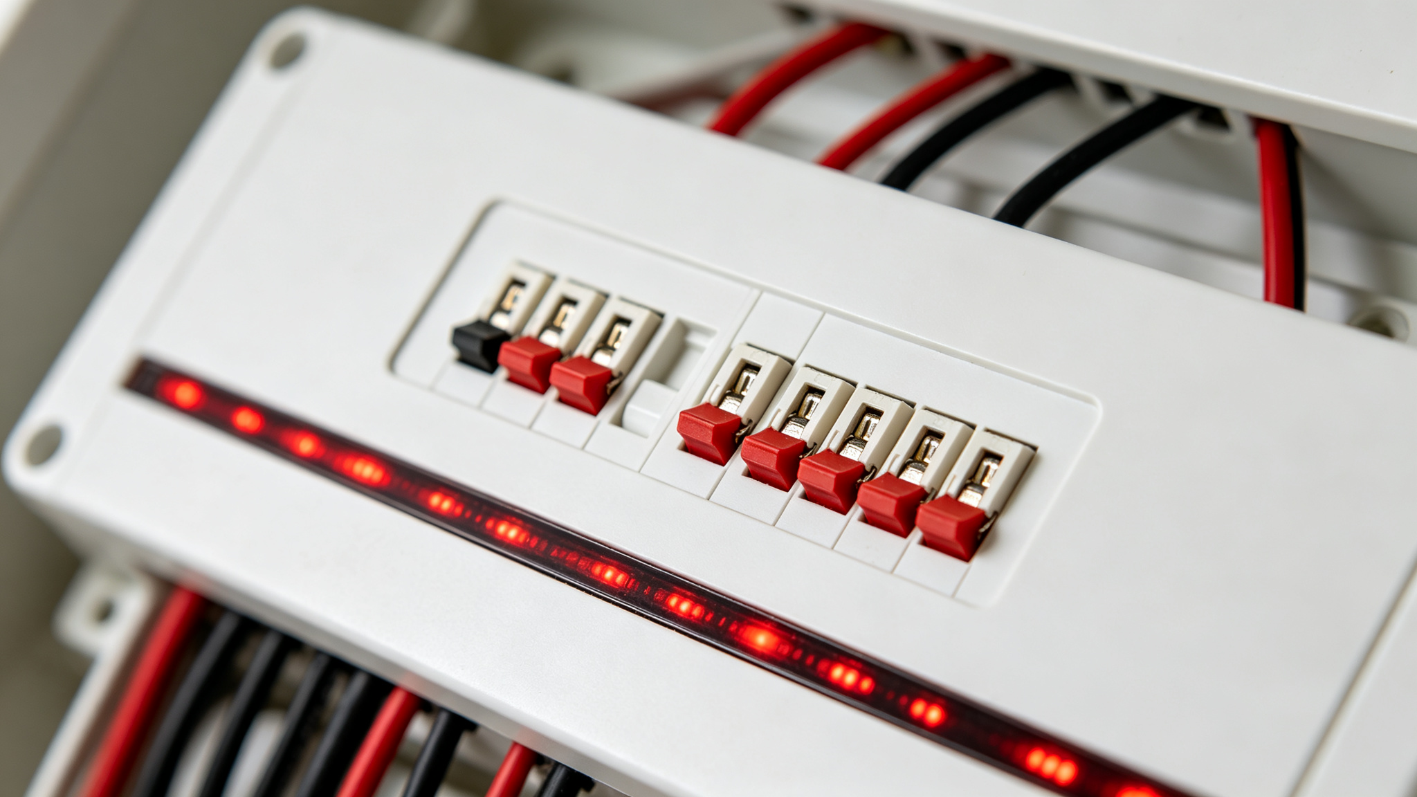 White distribution box with several small blade fuses and LED strip wires