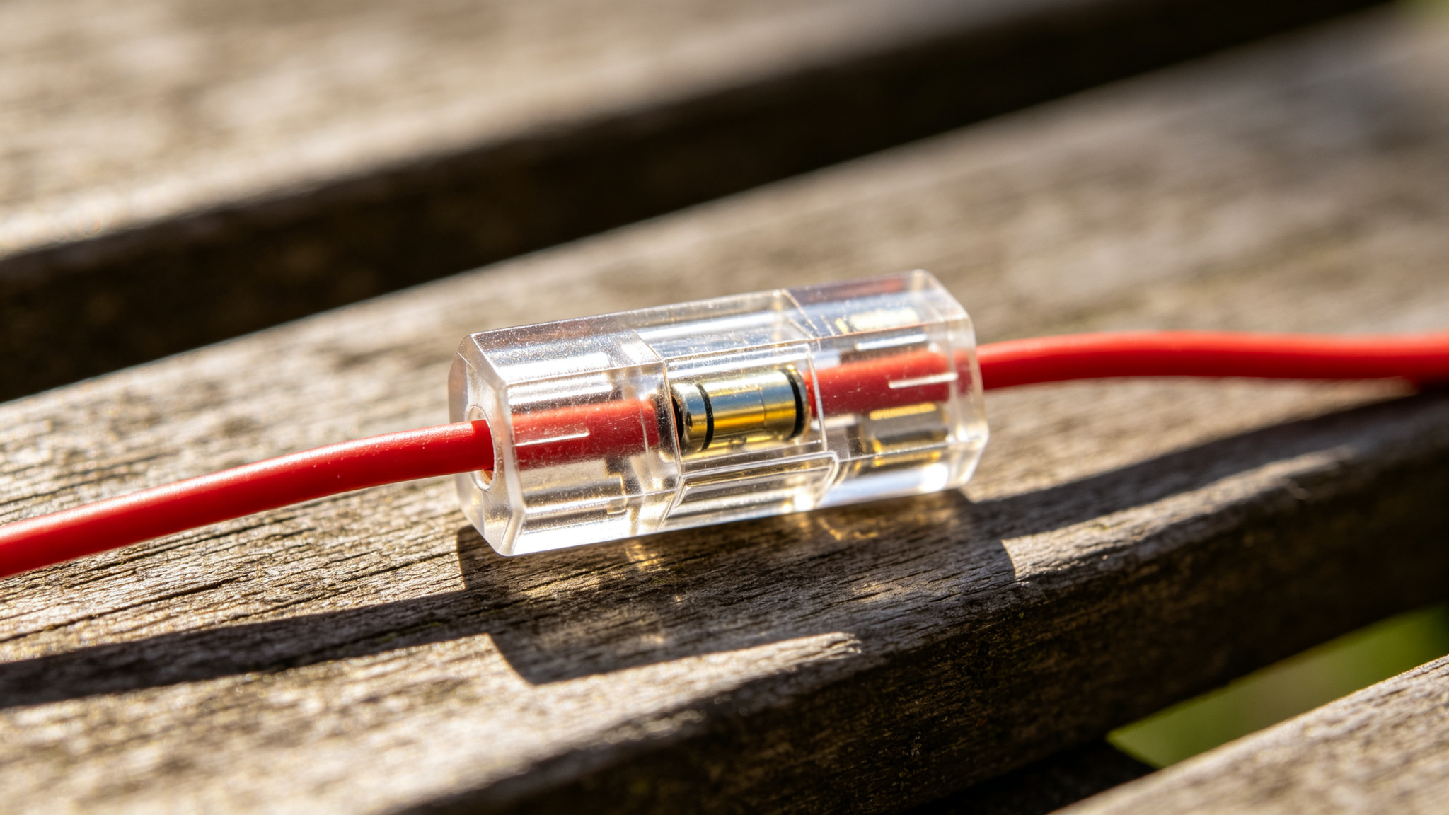 Macro close-up of a transparent inline blade fuse holder