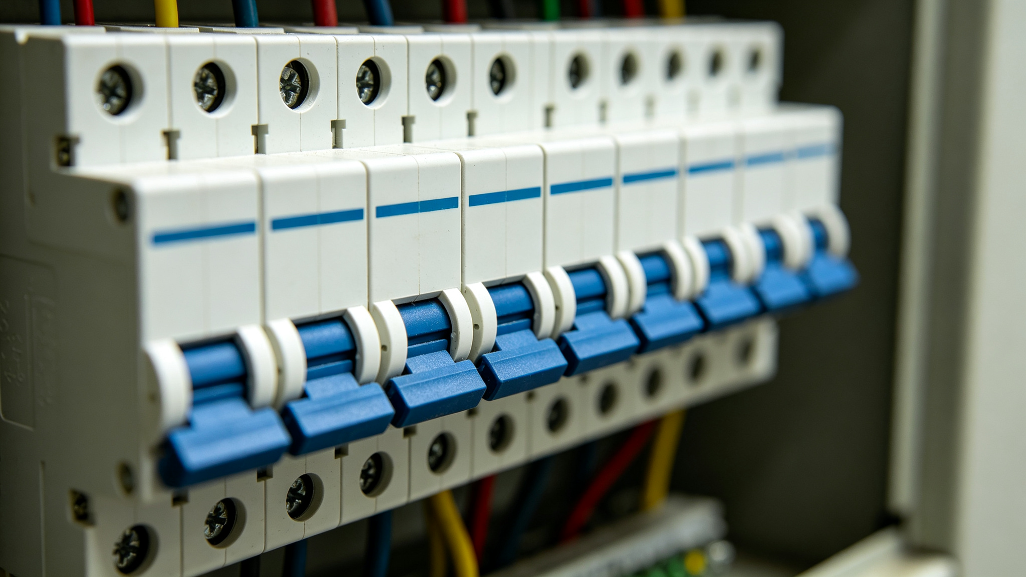 A row of miniature circuit breakers MCB in an electrical panel