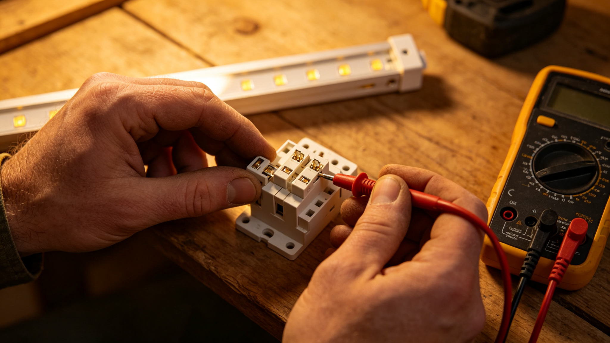 Electrician hands testing a blade fuse with a multimeter