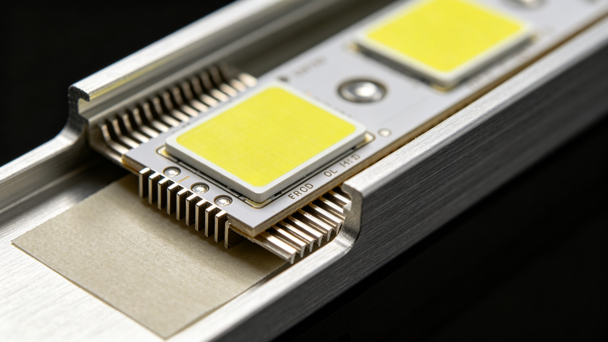 COB LED strip mounted inside an aluminum extrusion channel with heatsink fins