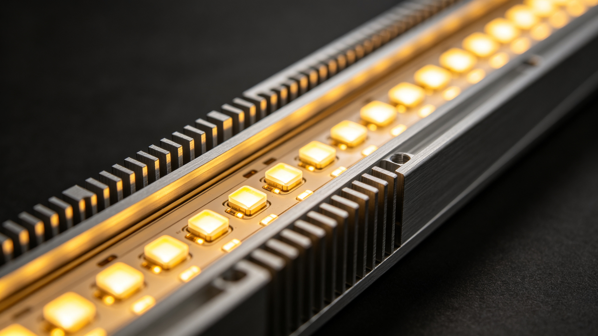 A lit LED strip in an aluminum extrusion channel dissipating heat through its fins