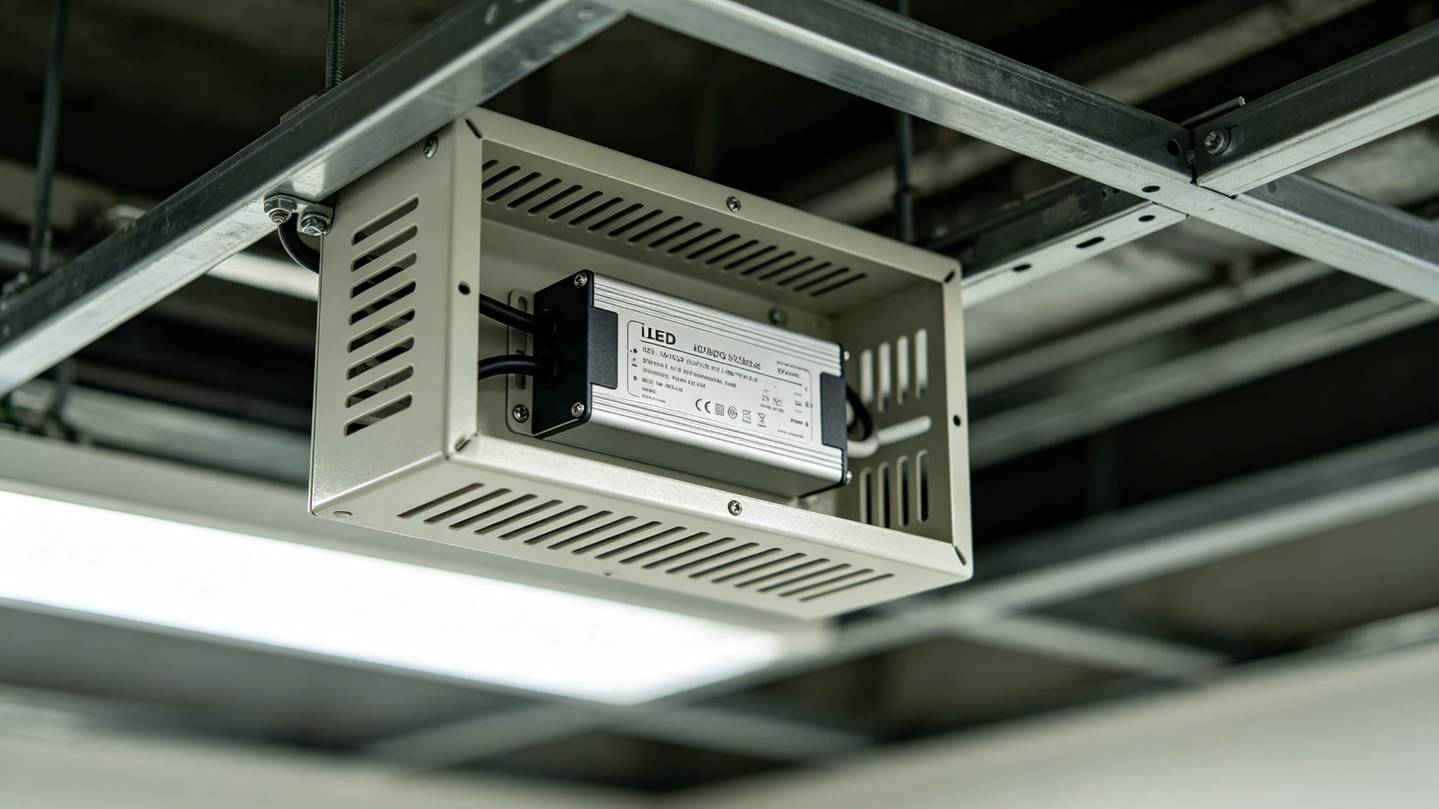 An LED driver mounted in a ventilated enclosure in a ceiling void