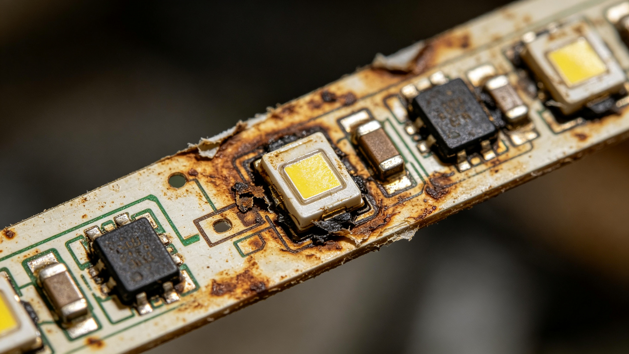 An overheated LED strip with browned discolored PCB from poor heat dissipation