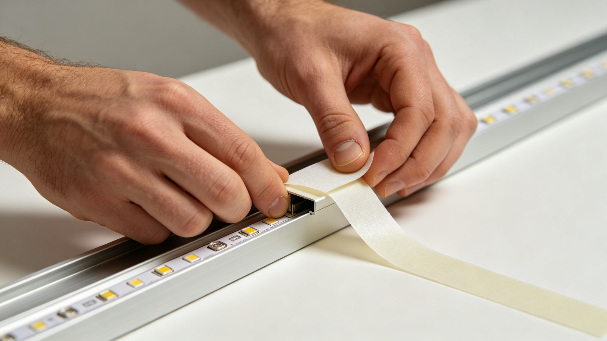 Hands applying thermal double-sided adhesive tape to the back of an LED strip