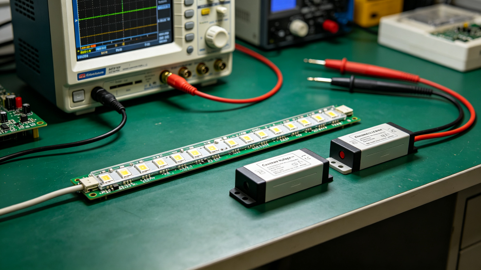 Rigid LED module board next to constant voltage and constant current drivers on a lab bench