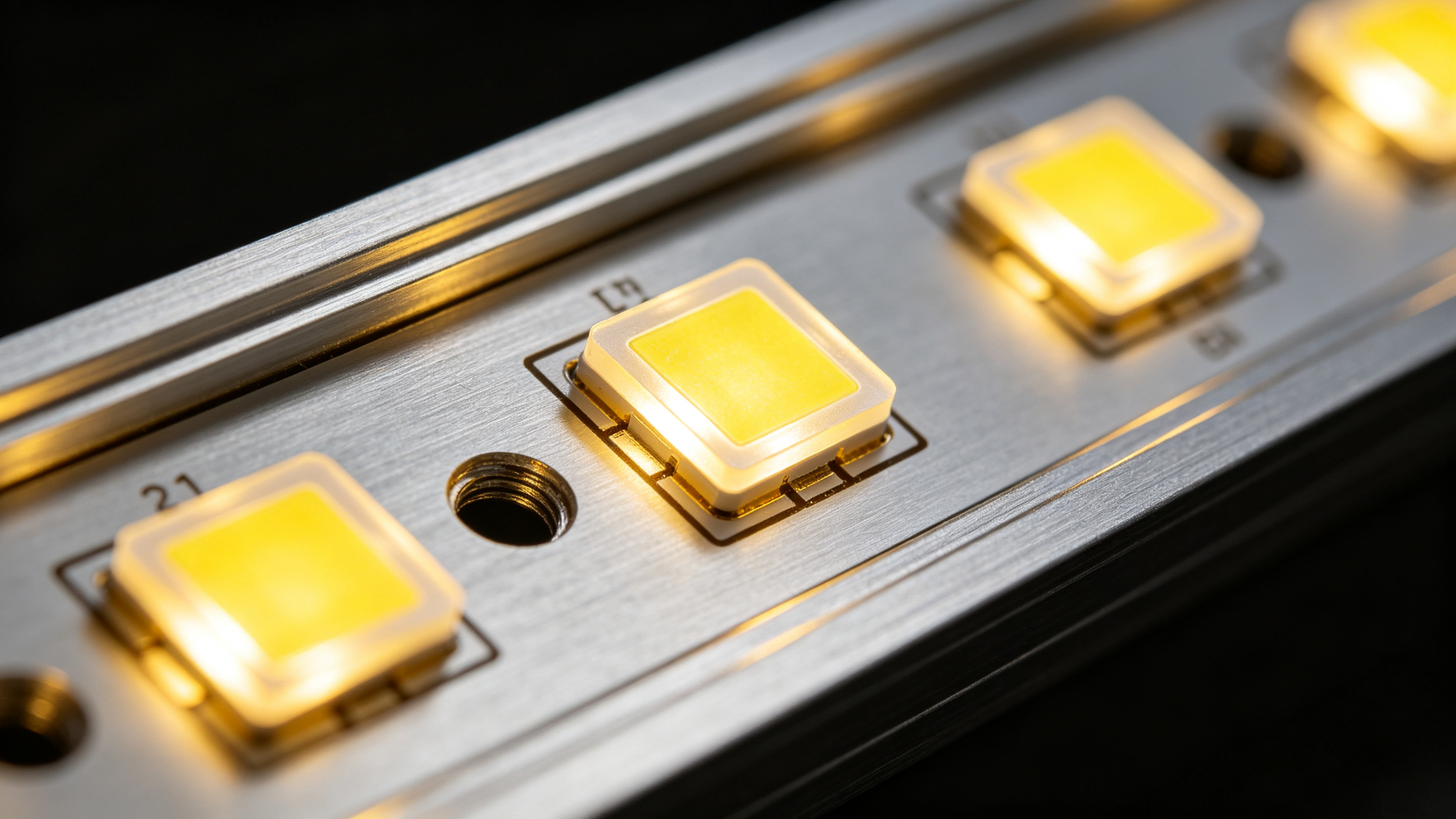 Macro close-up of a rigid linear LED module board on an aluminum substrate