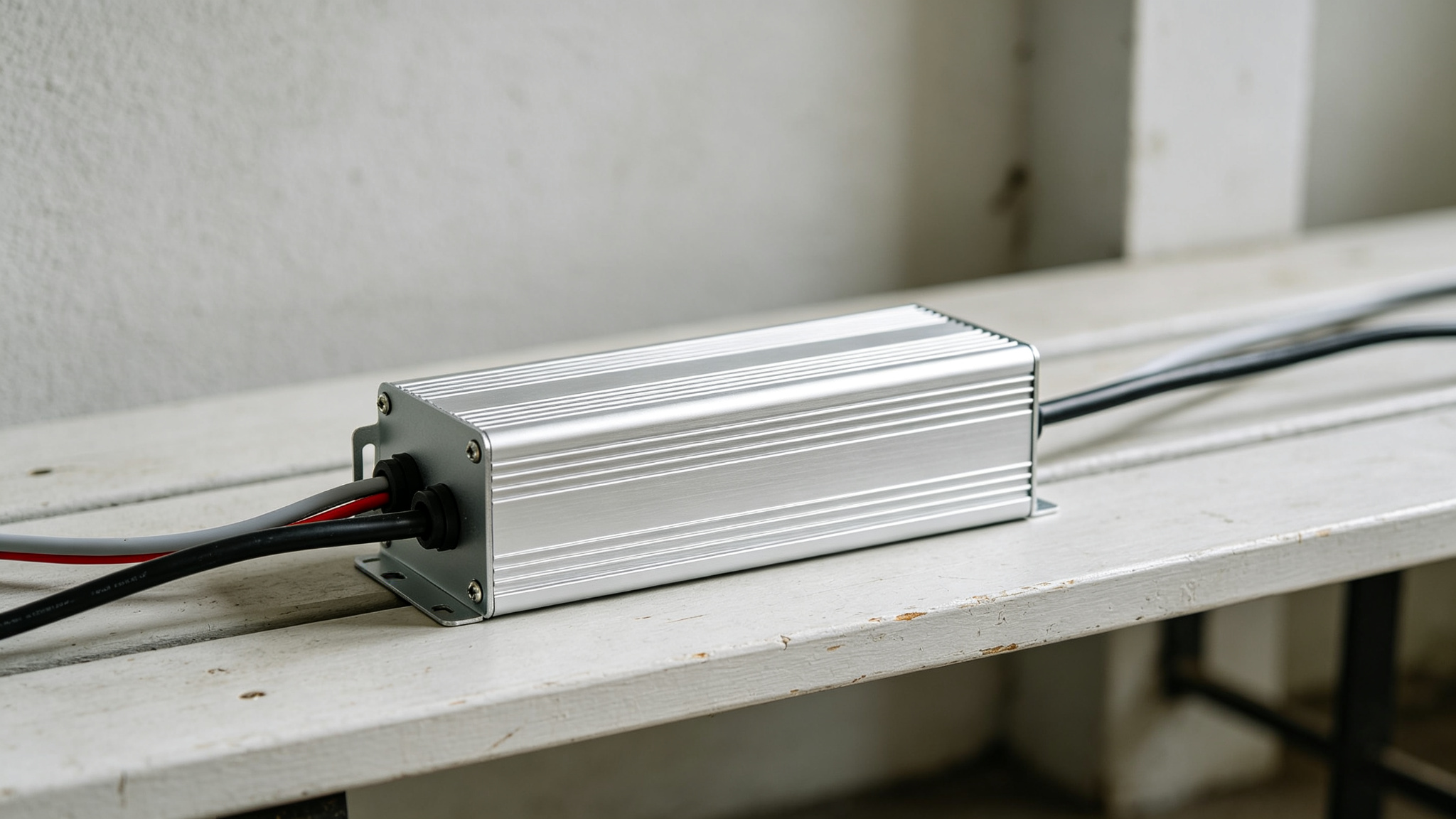 A silver constant voltage LED power supply unit on a bench
