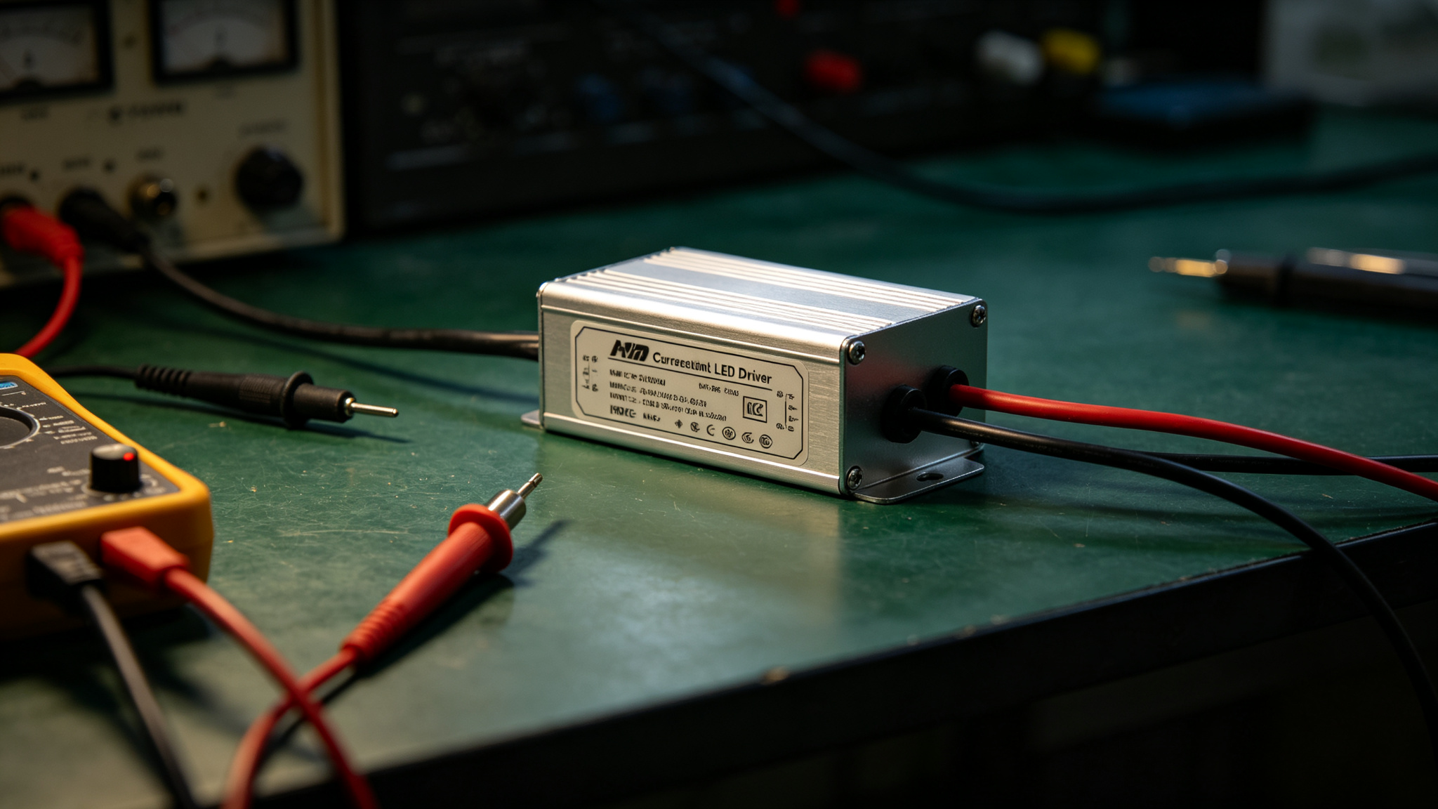 A compact constant current LED driver unit on a lab bench