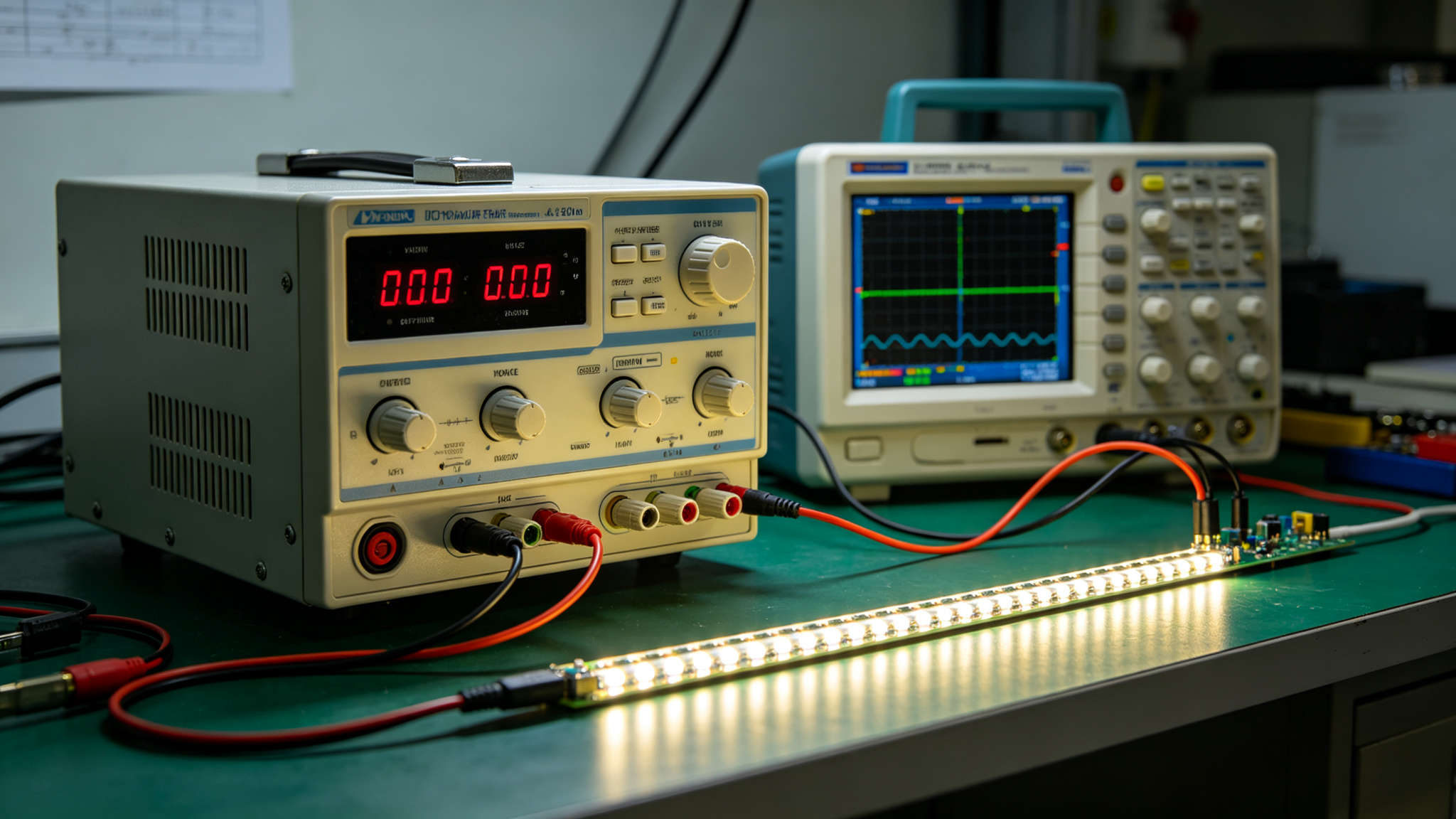 Benchtop programmable DC power supply connected to an LED strip under test