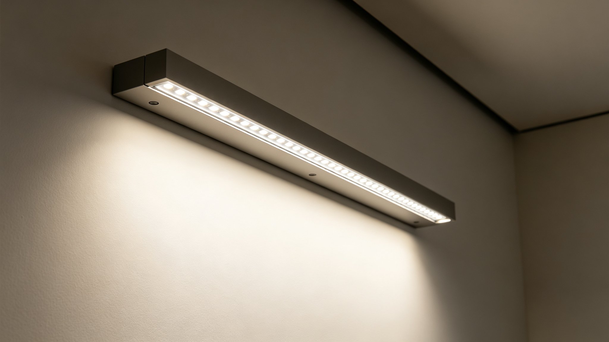 A wall washer linear light fixture with rigid LED modules on a wall