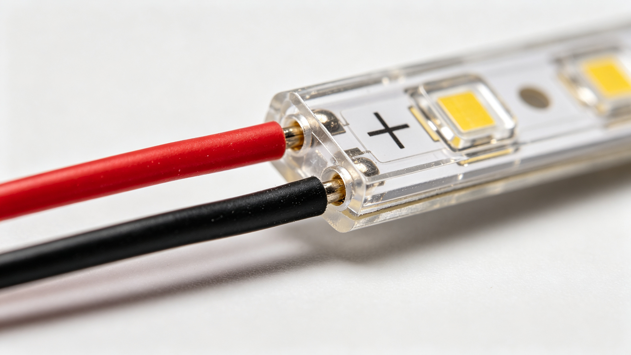 Red and black wires connected to an LED strip with clear plus and minus symbols