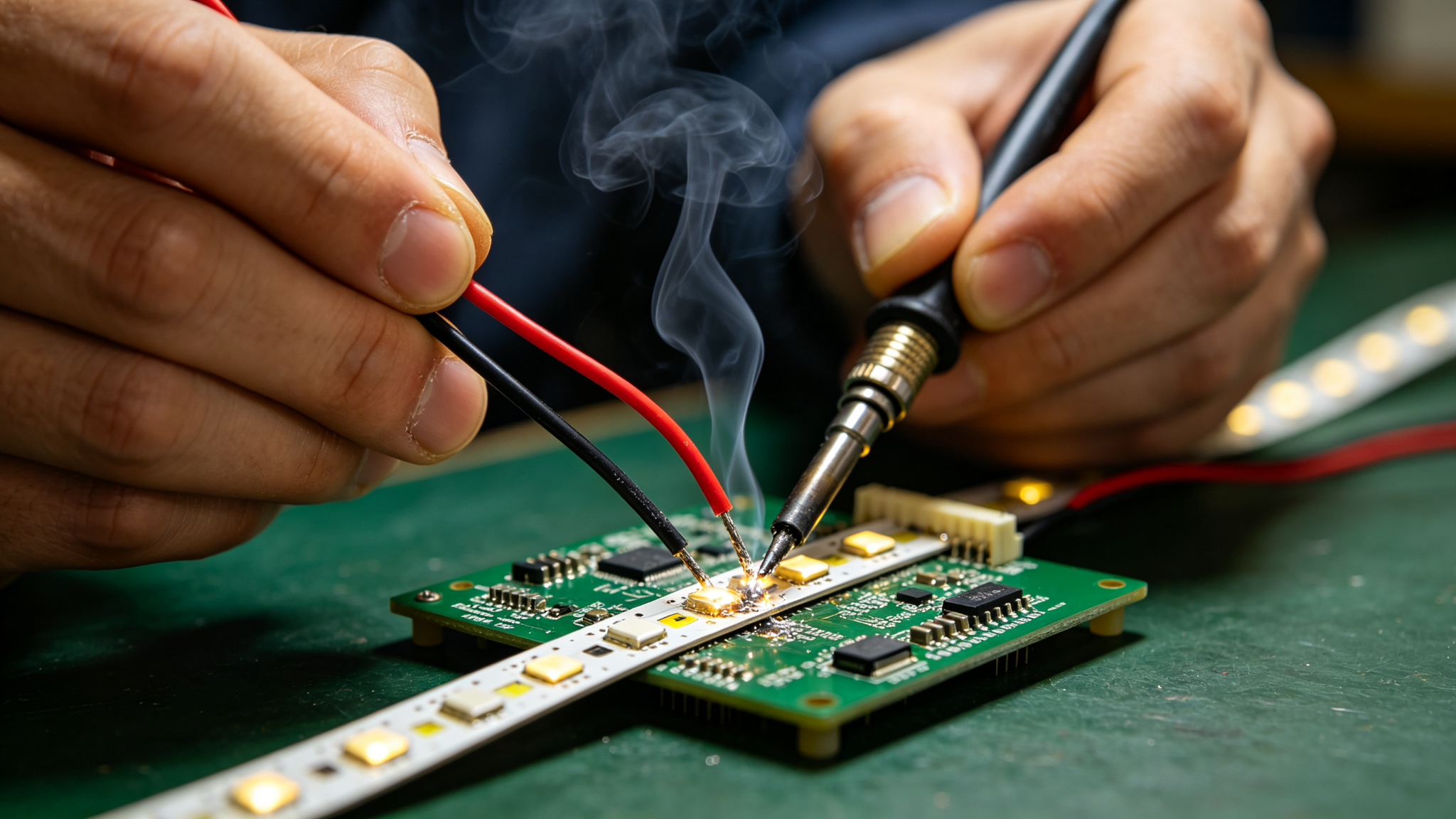 Hands soldering red and black wires to LED strip contact pads