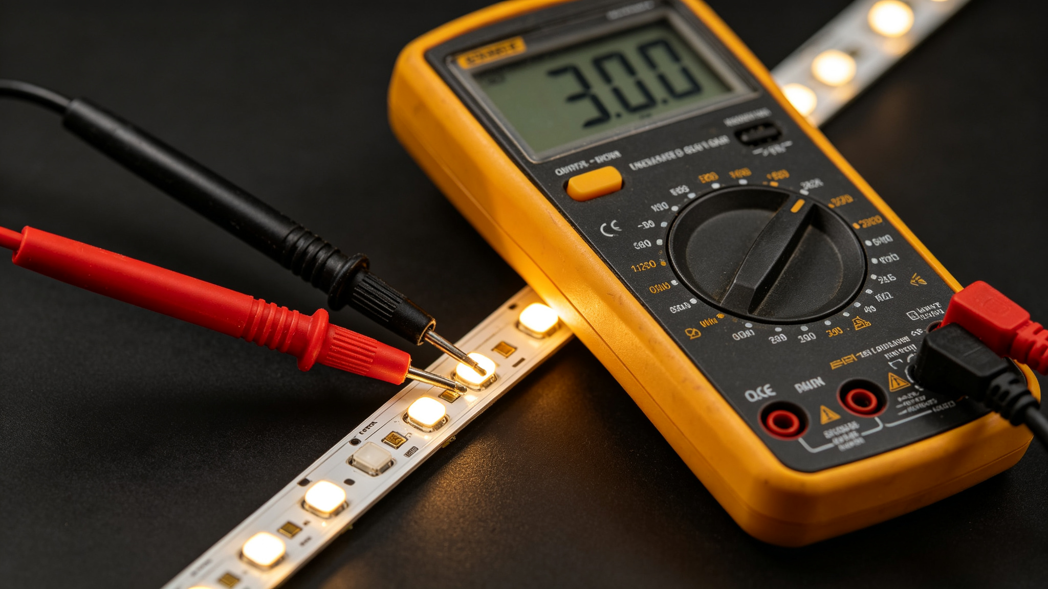 A multimeter testing voltage polarity on an LED strip
