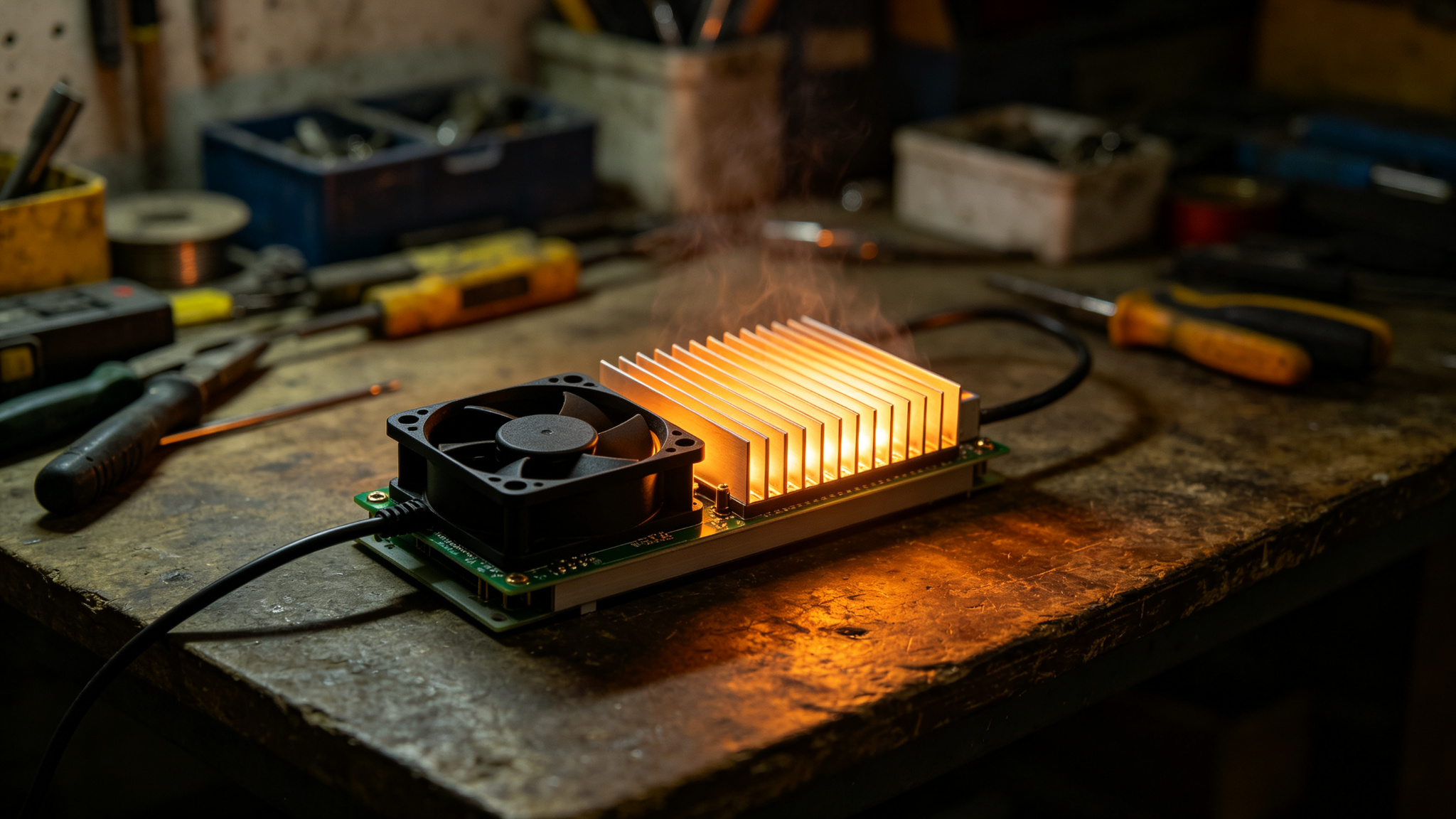 An overheating LED power supply with a glowing heatsink