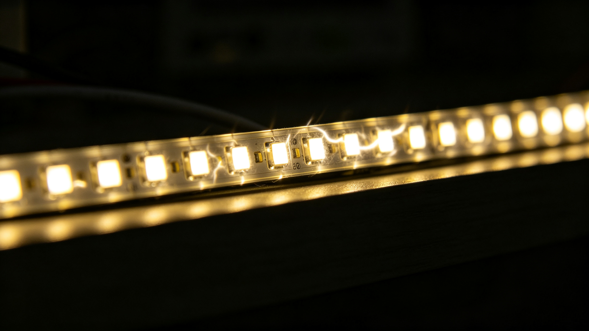 A flickering dim LED strip segment in a dark room
