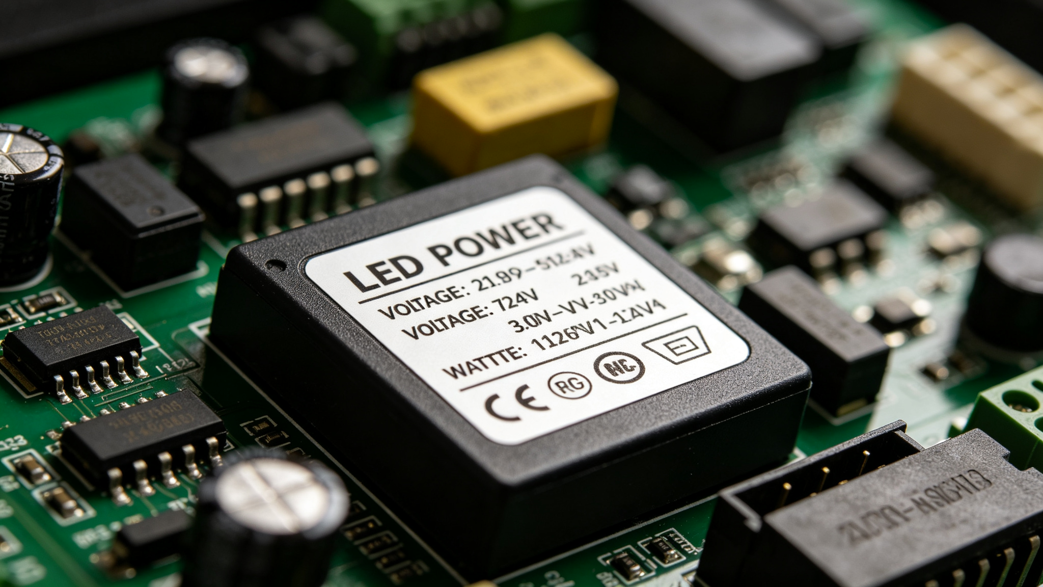 Close-up of an LED power supply nameplate label with wattage ratings