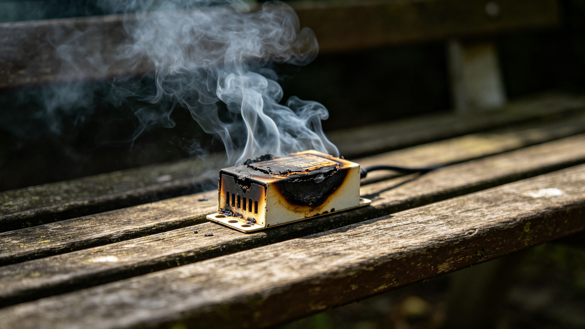 A smoking overheated LED driver with scorched casing