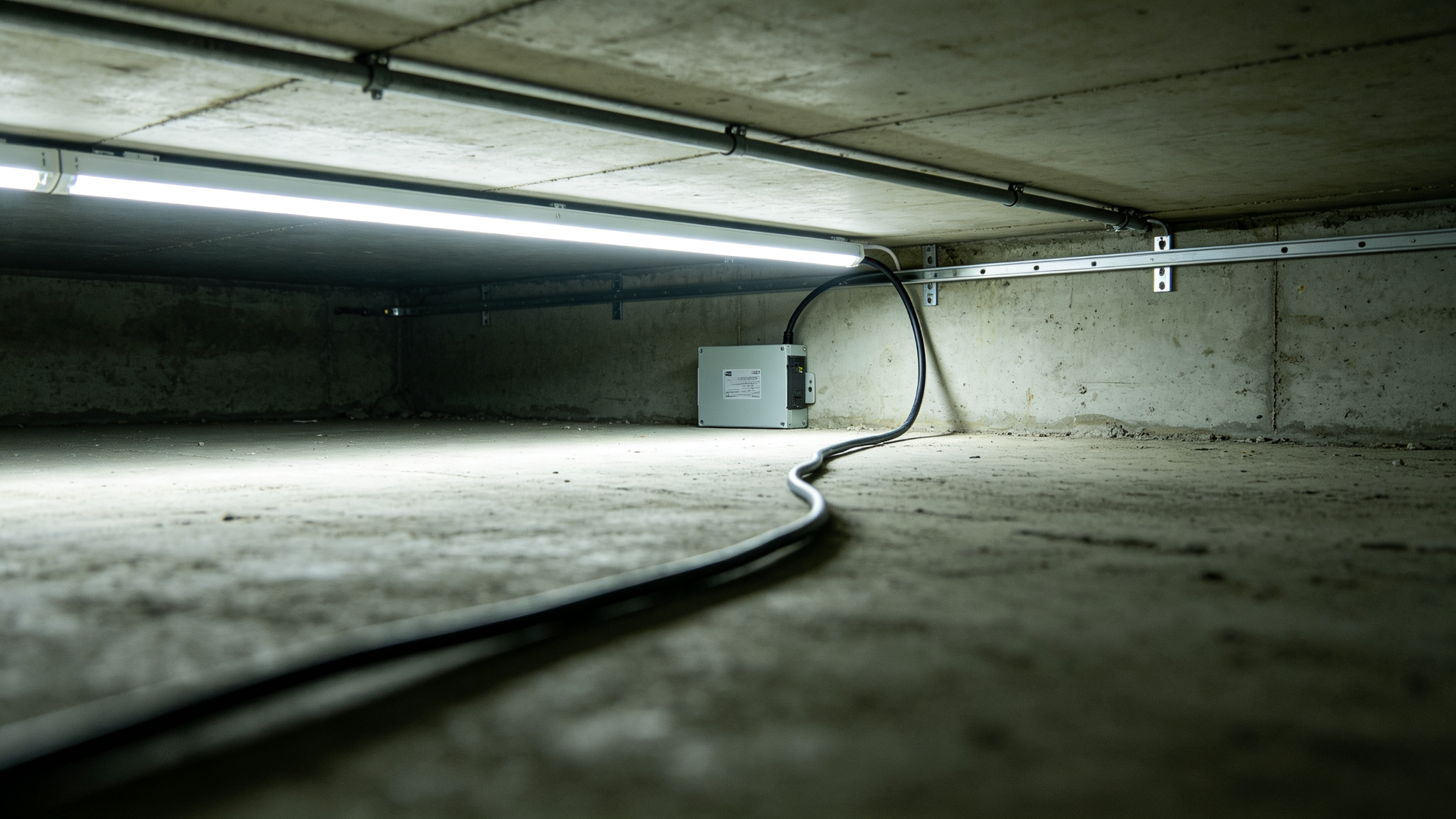 An LED driver box mounted far away in a ceiling void with long cable