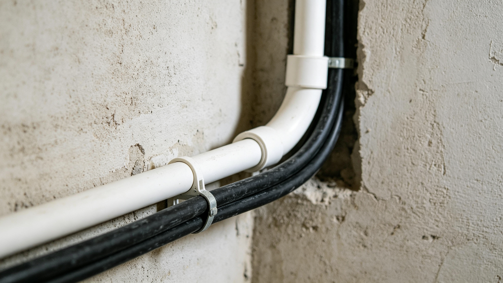 Thick gauge cable running inside a white PVC conduit along a wall