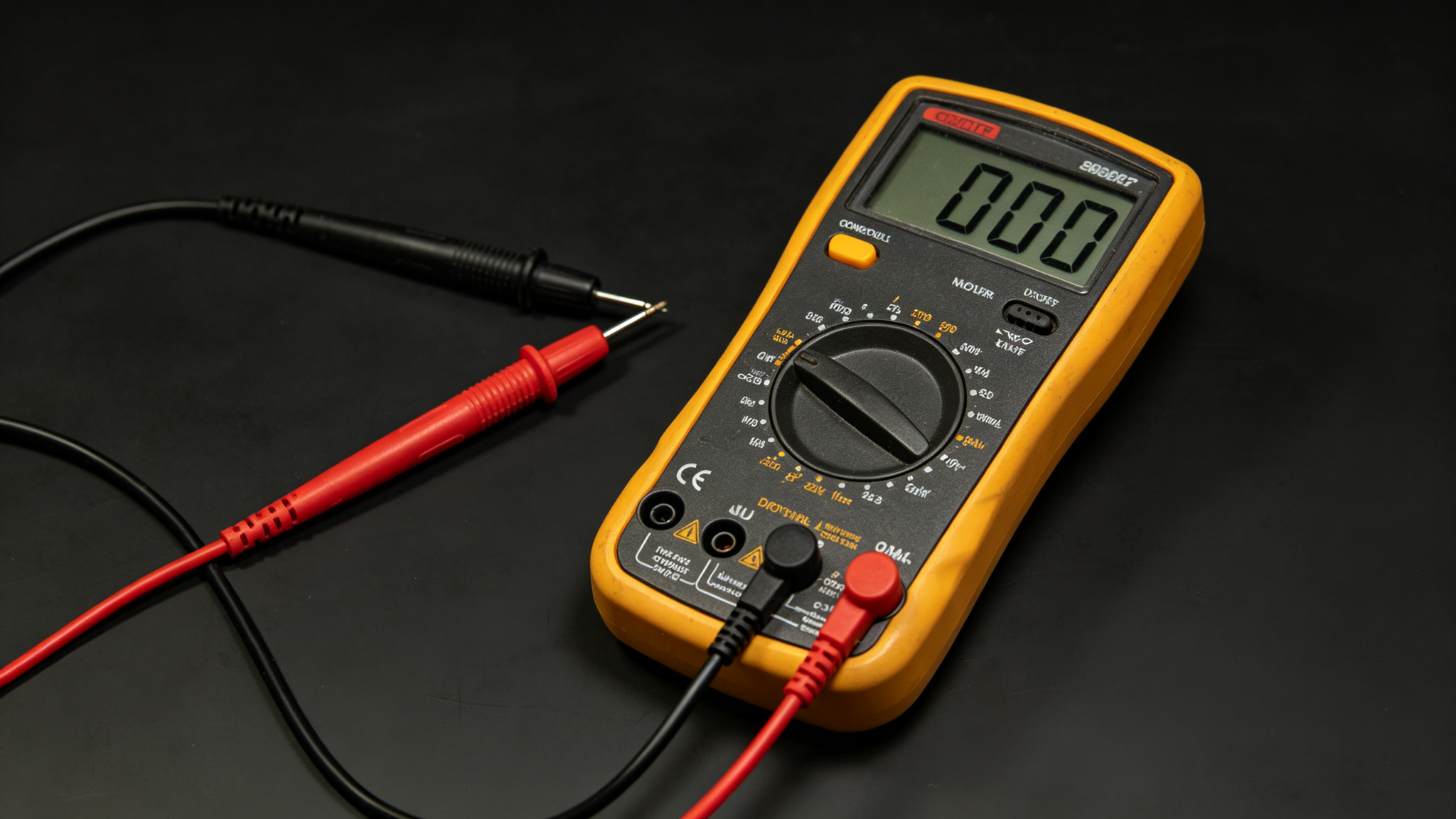 Digital multimeter measuring voltage drop at the end of a long cable run