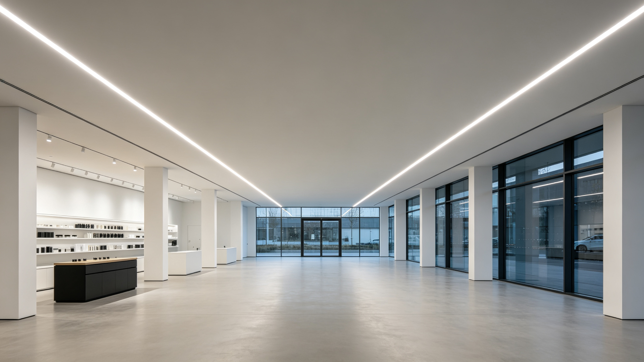 A very long continuous LED strip run with even brightness in a showroom