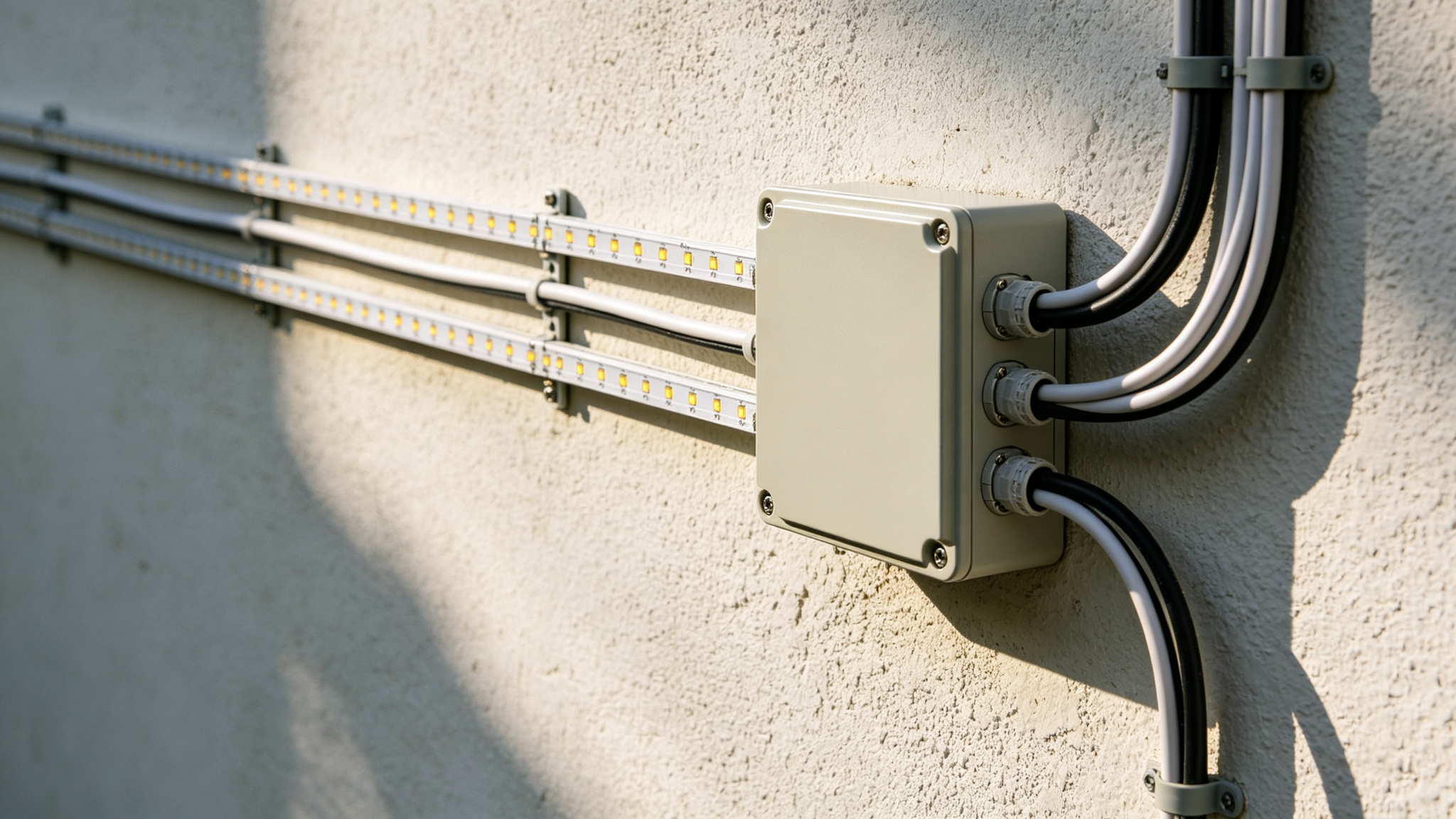 A weatherproof junction box on a wall mid-run distributing LED cables